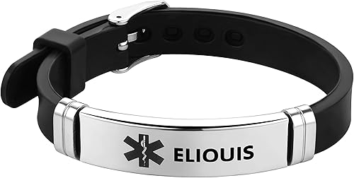 Miniatura 14 de Pulsera de identificación de alerta médica grabada con láser, pulsera ajustable negra ELIOUS para hombres y mujeres, primeros auxilios