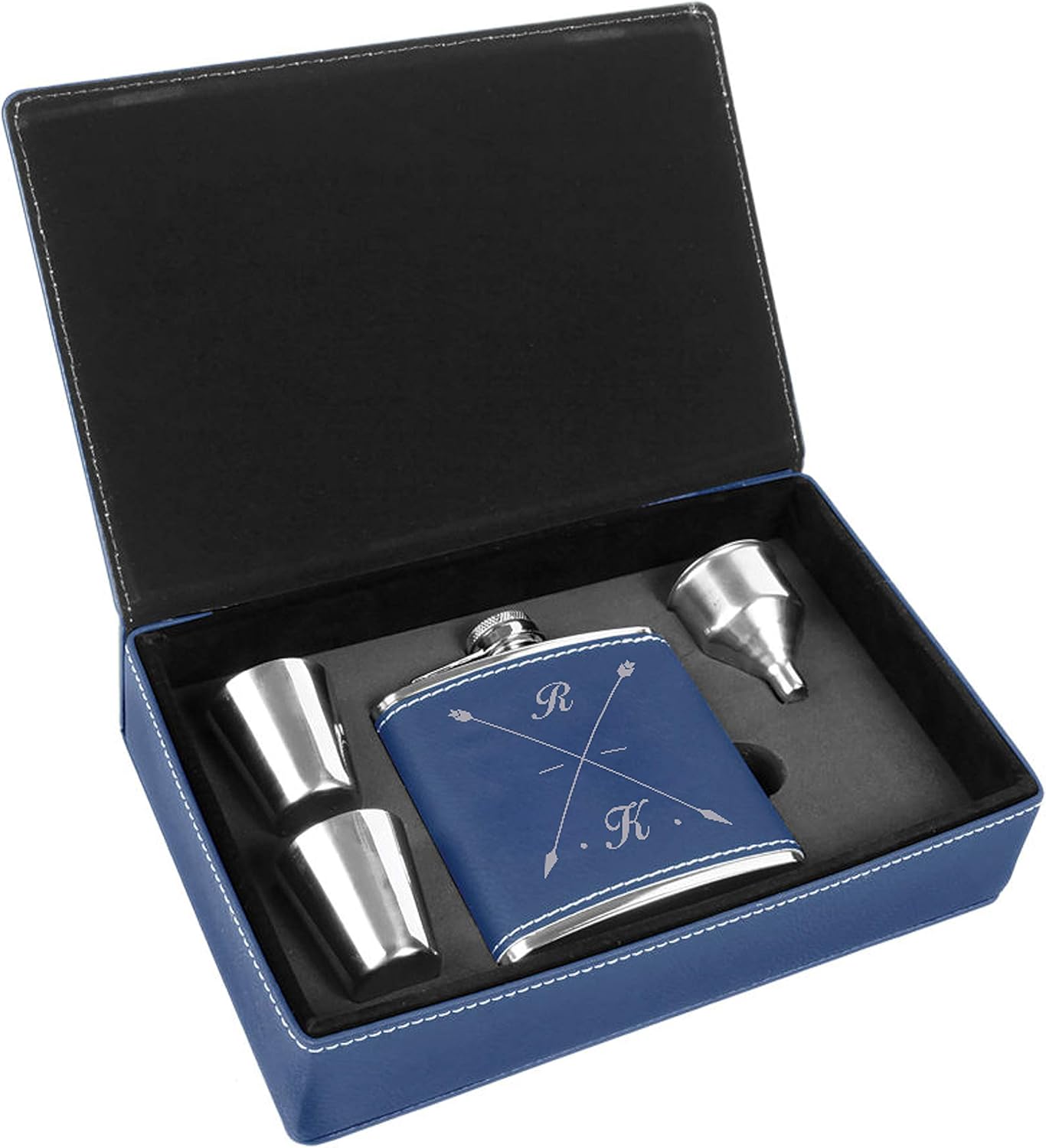 Personalized Leatherette Flask Gift Set | Crosshair Custom Engraved (Black/Gold)
