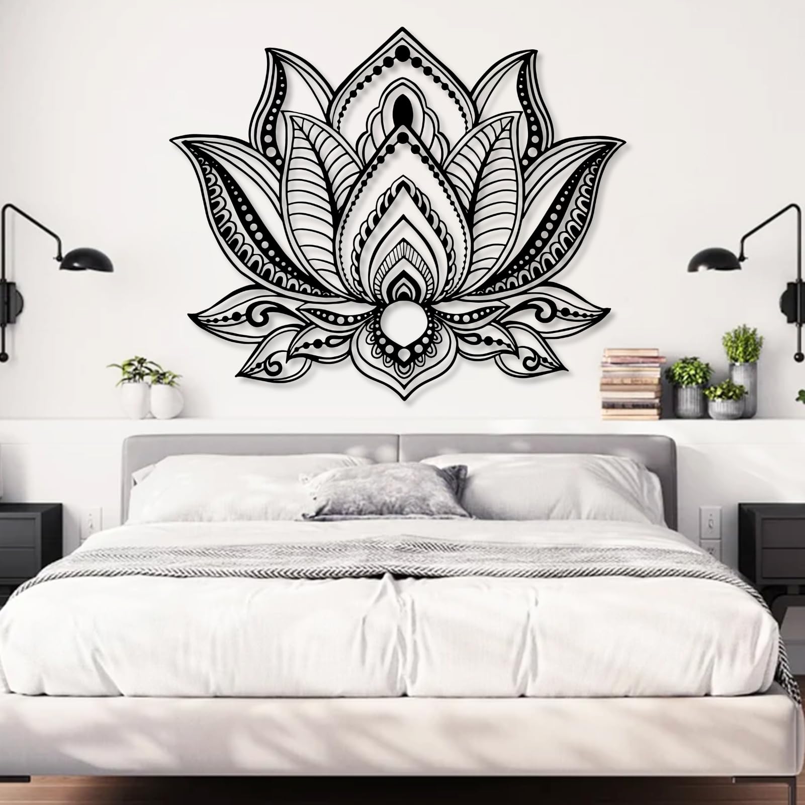 Fleur de lotus en métal décoration murale minimaliste noire 109 x 90 cm style mandala