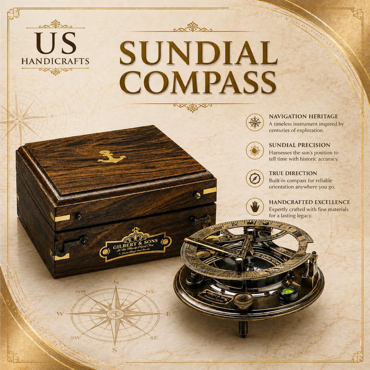 Antique Maritime Decor: Personalized Pocket Sundial Compass - Nautical Decor for Home, for Him, Copper Sailboat Accessories, Engraved Compass Gift