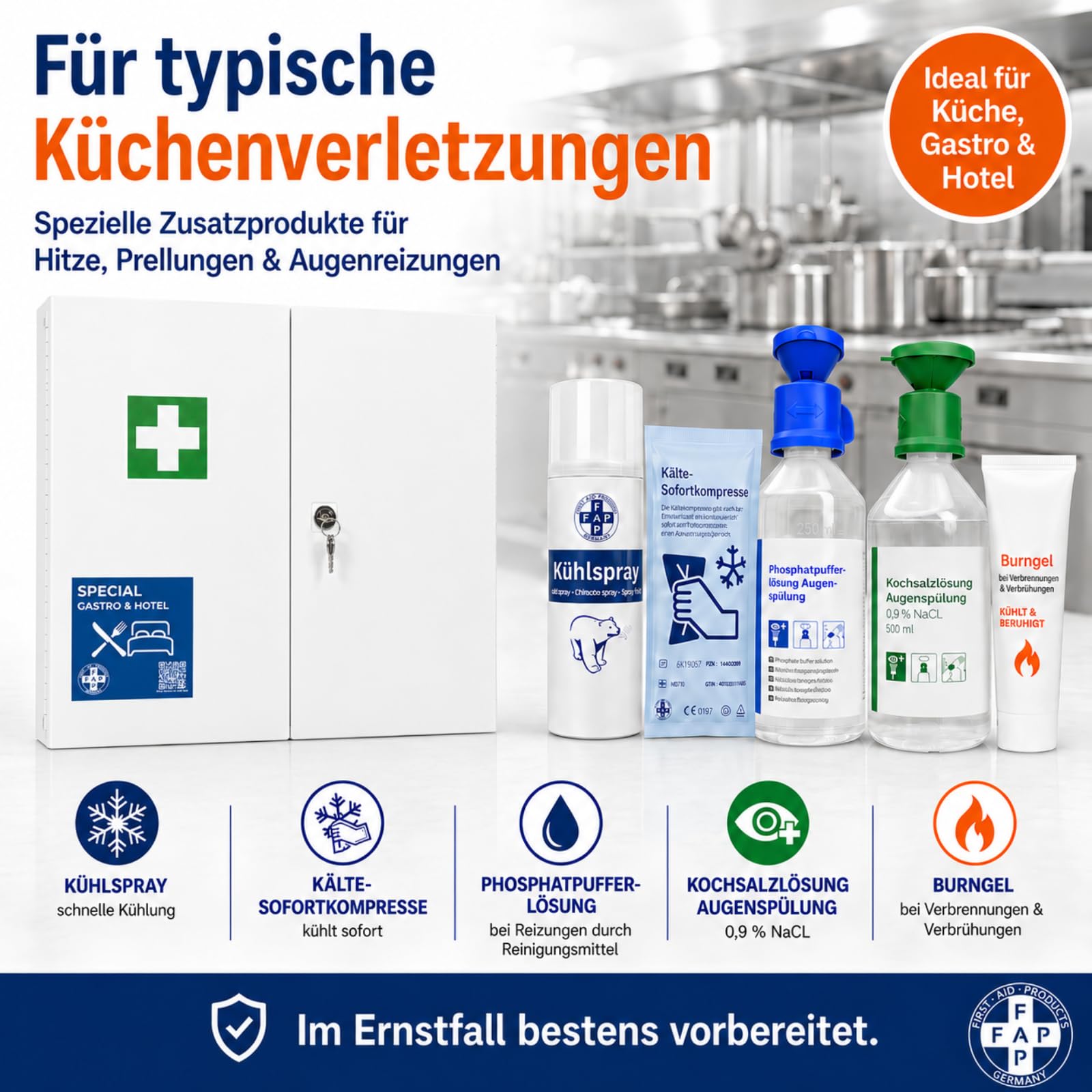 First Aid Products Gastro Erste Hilfe Verbandschrank Groß - Gastronomie Hotel mit Verbands-Set DIN13169 | Detect-Pflaster HACCP & Burngel | für Küche Restaurant für Wandmontage - Zwei Türen 60×50×13cm