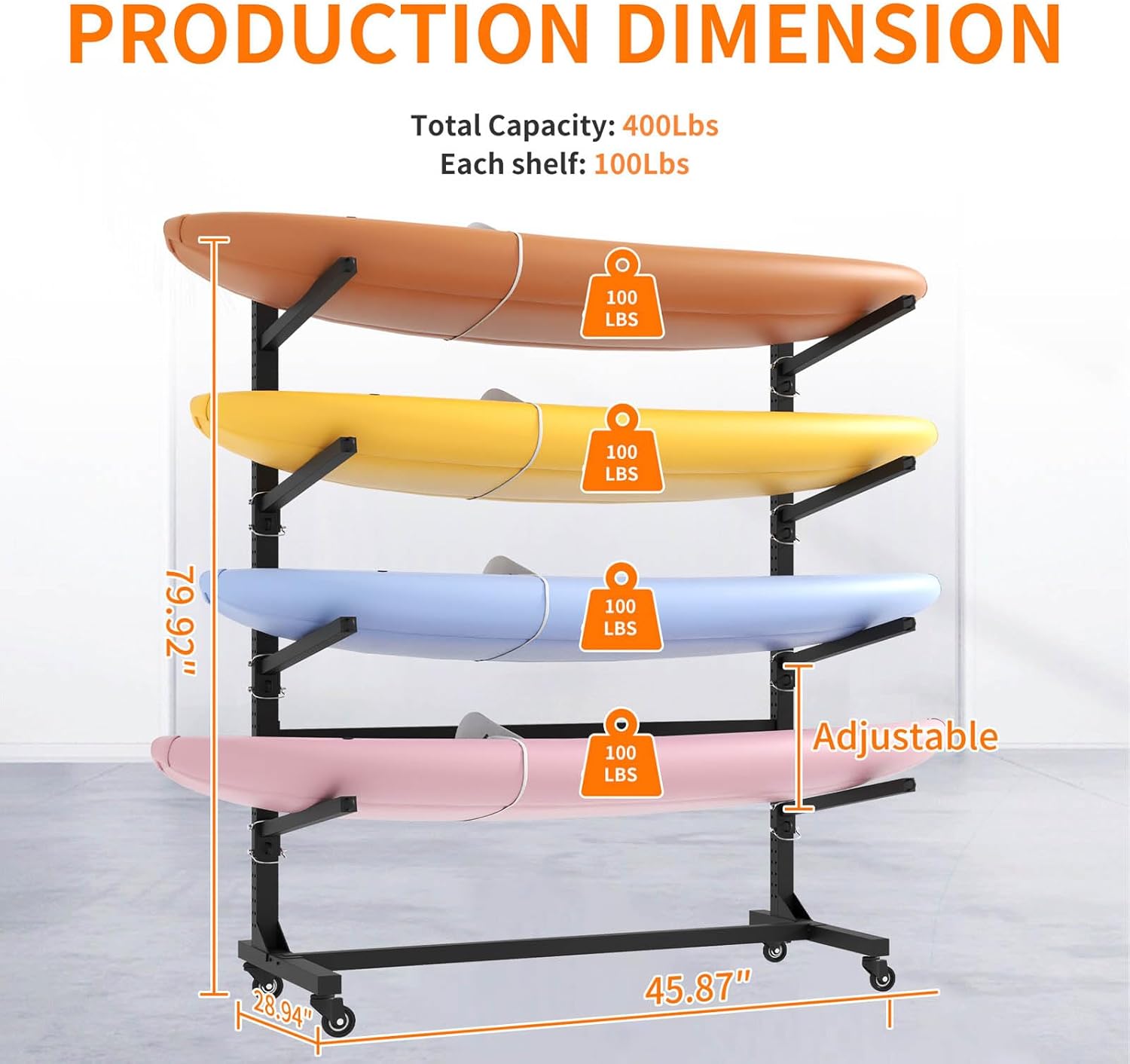 Majnesvon Garage Kayak Storage Rack with Wheels, Adjustable 4-Tier Kayak Stand for Canoe, Surfboard & Paddleboard, Heavy Duty Freestanding Kayak Holder Indoor & Outdoor Use