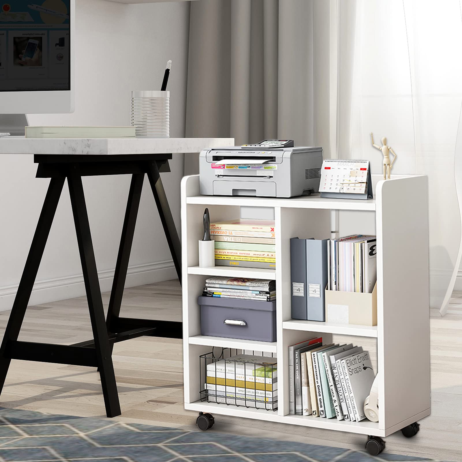 Archivador móvil giratorio de 360 grados con diseño elevado, múltiples compartimentos, archivador vertical abierto, almacenamiento de escritorio y pequeña estantería para estudio en casa y oficina.