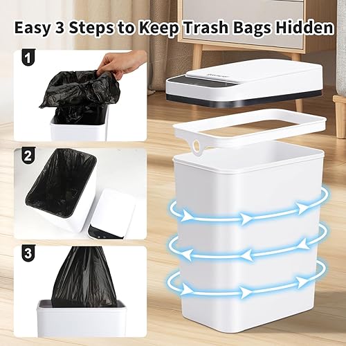 Miniatura 6 de Paquete de 3 cubos de basura para baño con tapa, bote de basura pequeño delgado de 2.5 galones, bote de basura automático sin contacto, sensor de