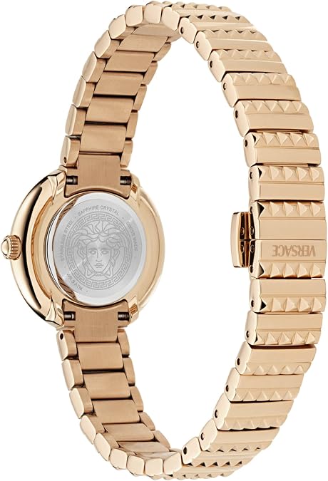 Versace Greca Goddess Petite Collection Luxury Womens Watch Timepieces with a Rosegold Bracelet and Case Featuring a Silver Dial