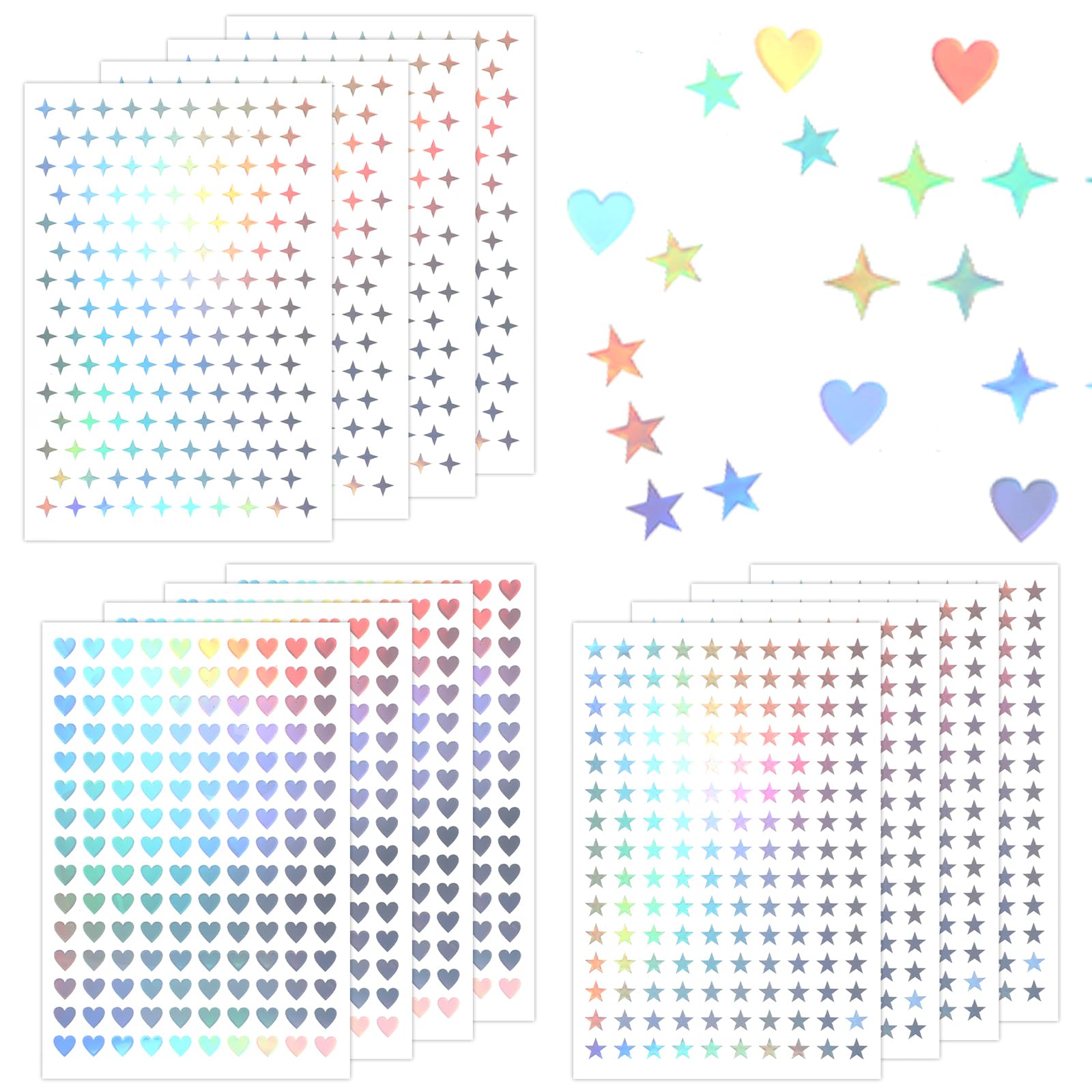 Ymapinc 12 Sheets Holographic Mini Stickers, Tiny Star Heart Foil Planner Reward Chart Decor, Cute Sparkly Vinyl Craft Decals