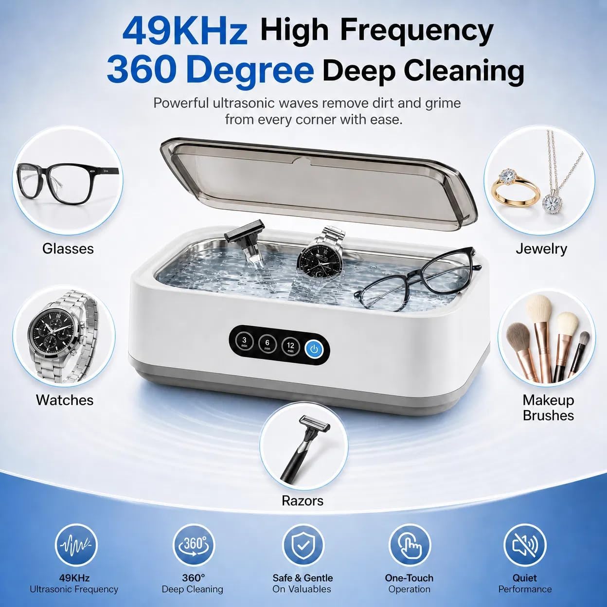 Ultrasonic Jewelry Cleaner, 48kHz Ultrasonic Jewelry Cleaner with Two Cleaning Modes, 304 Stainless Steel Water Tank, Portable Jewelry Cleaner, Suitable for Rings, Eyeglasses, Watches, Dentures, etc