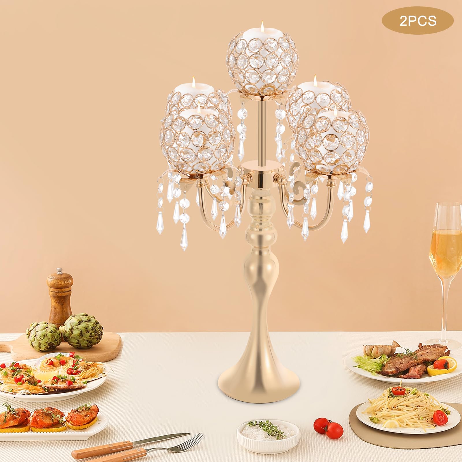 Kristall Kerzenhalter 2er Set 57cm, 5-Armiger Kandelaber Tischdeko, Gold | Moderner Tischkerzenständer für Hochzeiten Abendessen Geburtstage, 13cm Basis Stabil