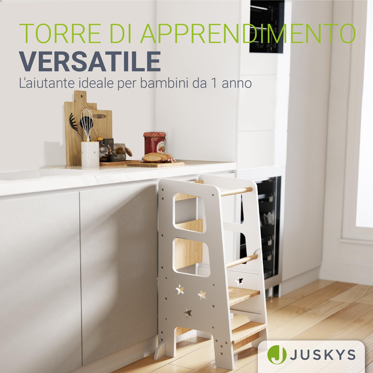 Juskys torre didattica Henny per bambini 1 anno Montessoriana tripla regolazione altezza antiribaltamento sgabello cucina bianco