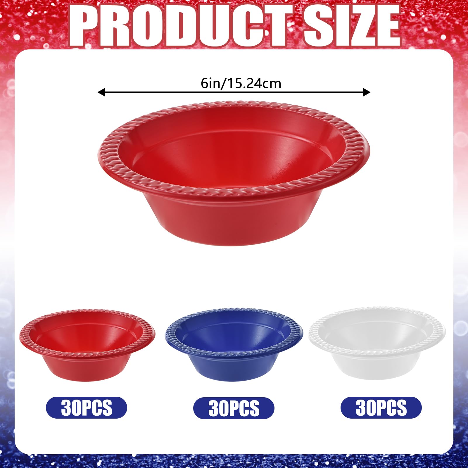 90 Pcs 4th of July Plastic Bowls, Disposable Patriotic Party Salad Bowls, White Red Blue Serving Food Supplies for Independence Day Patriotic Themed Party Favor Outdoor Picnic Festival Celebration