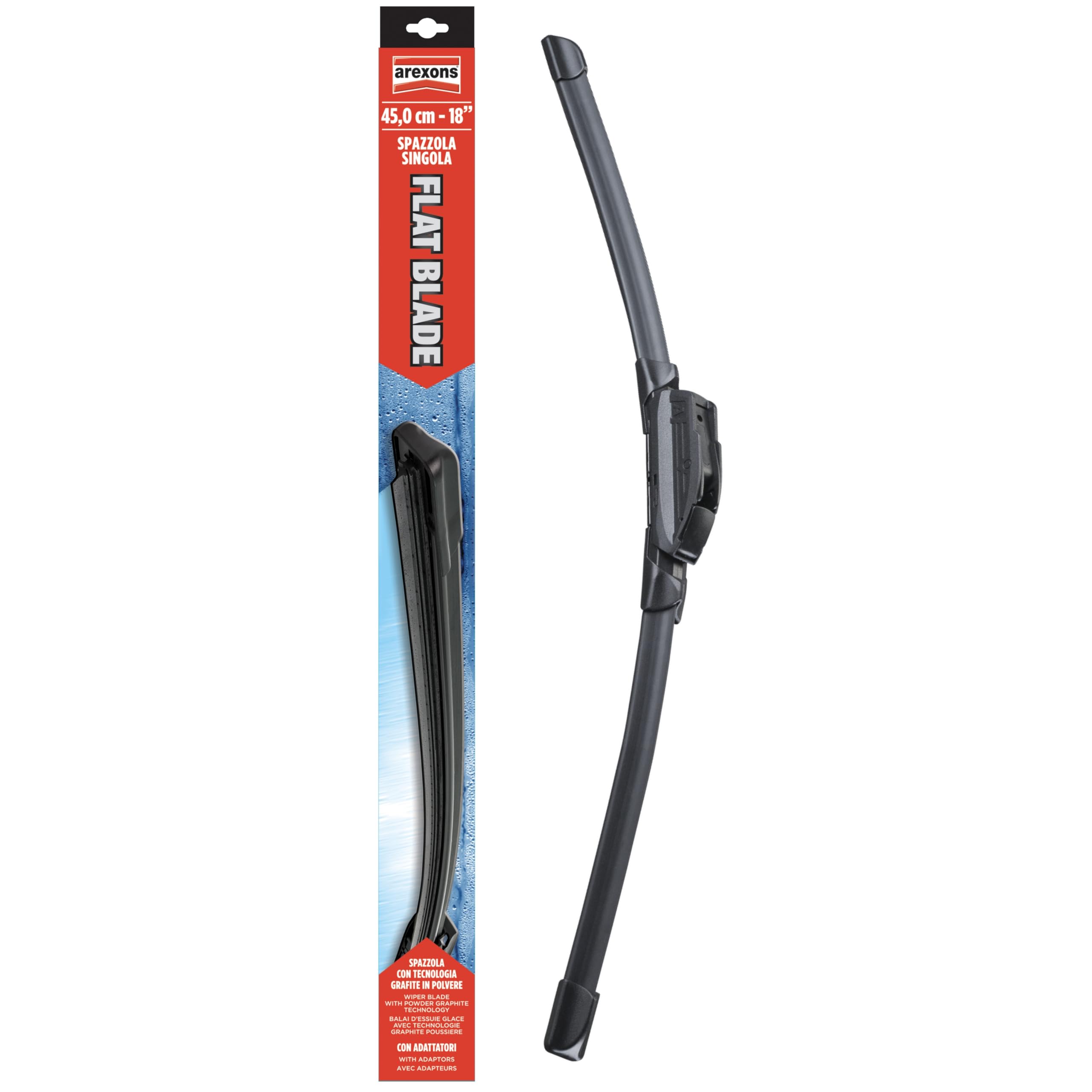 AREXONS - Spazzola Flat Blade 45cm con Kit Adattatori per Tergicristalli Tradizionali e Nuova Generazione, Design Aerodinamico, Gomma Grafitata, Struttura Plastica Alta Resistenza
