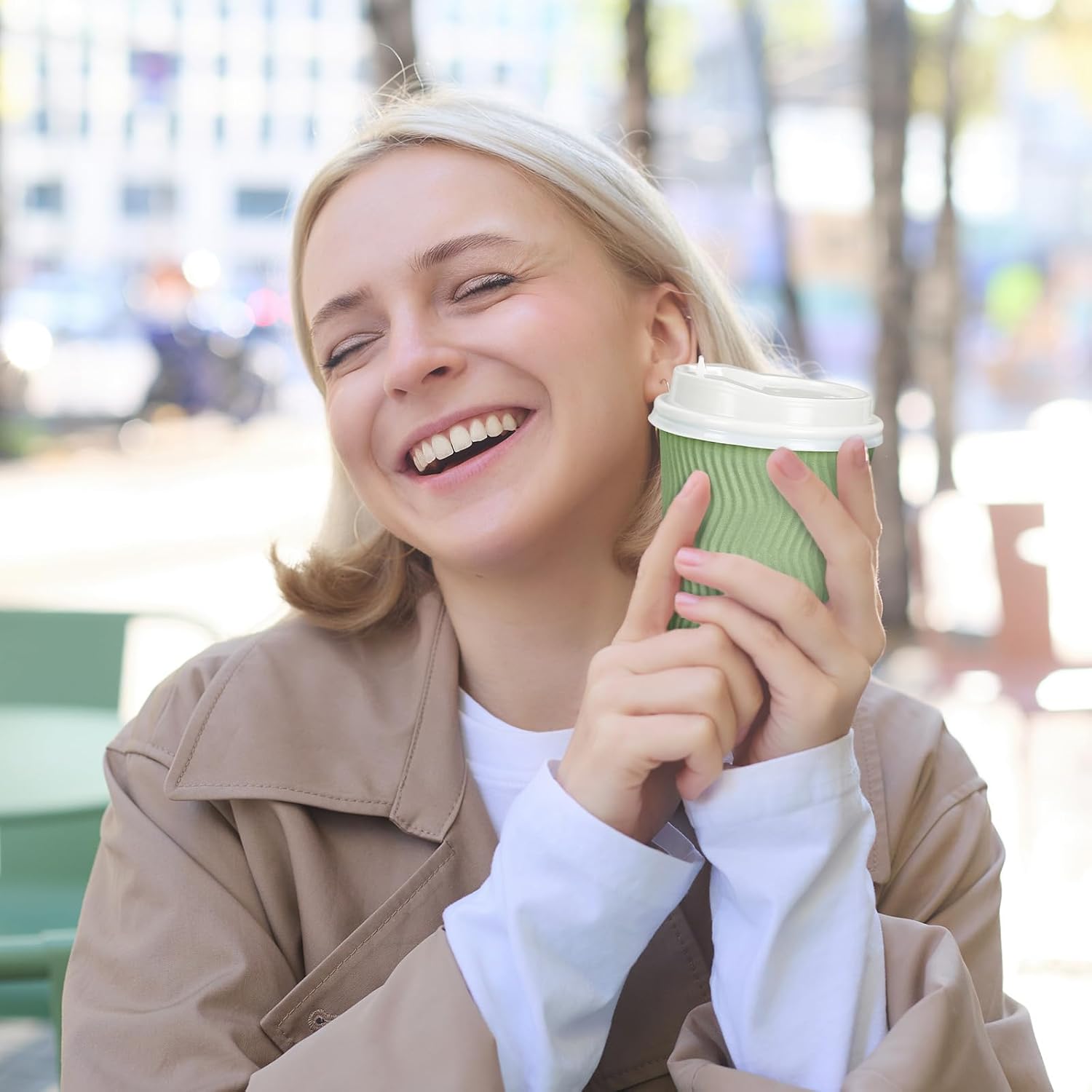 JarThenaAMCS 100Pcs Sage Green Disposable Coffee Cups with Lids Green Paper Cups Corrugated Ripple Wall Insulated Hot Cups for Home Office Party Supplies, 12oz - Image 4