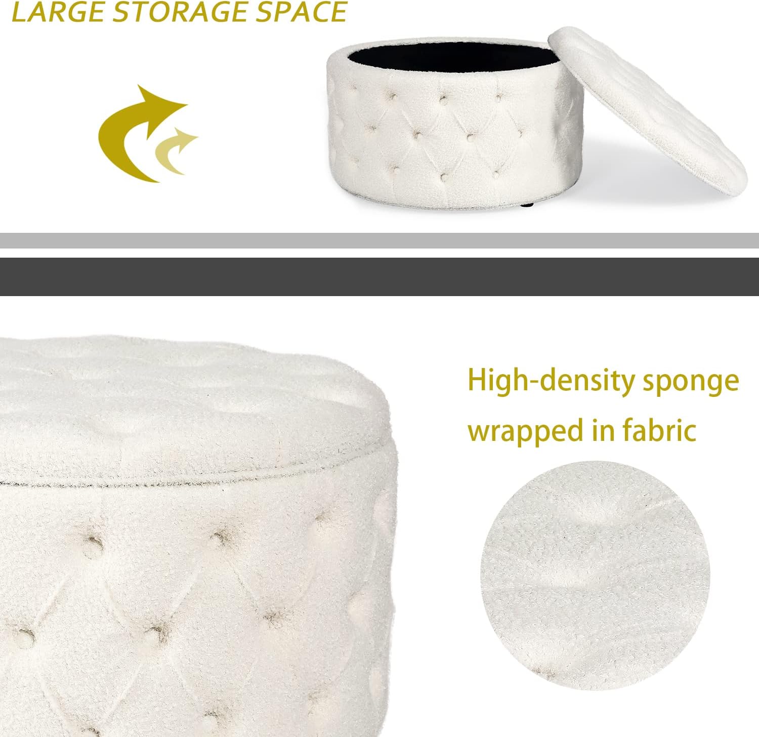 Homebeez 28 Inch Faux Fur Round Storage Ottoman, Button Tufted Footrest Stool Bench Coffee Table for Living Room,White
