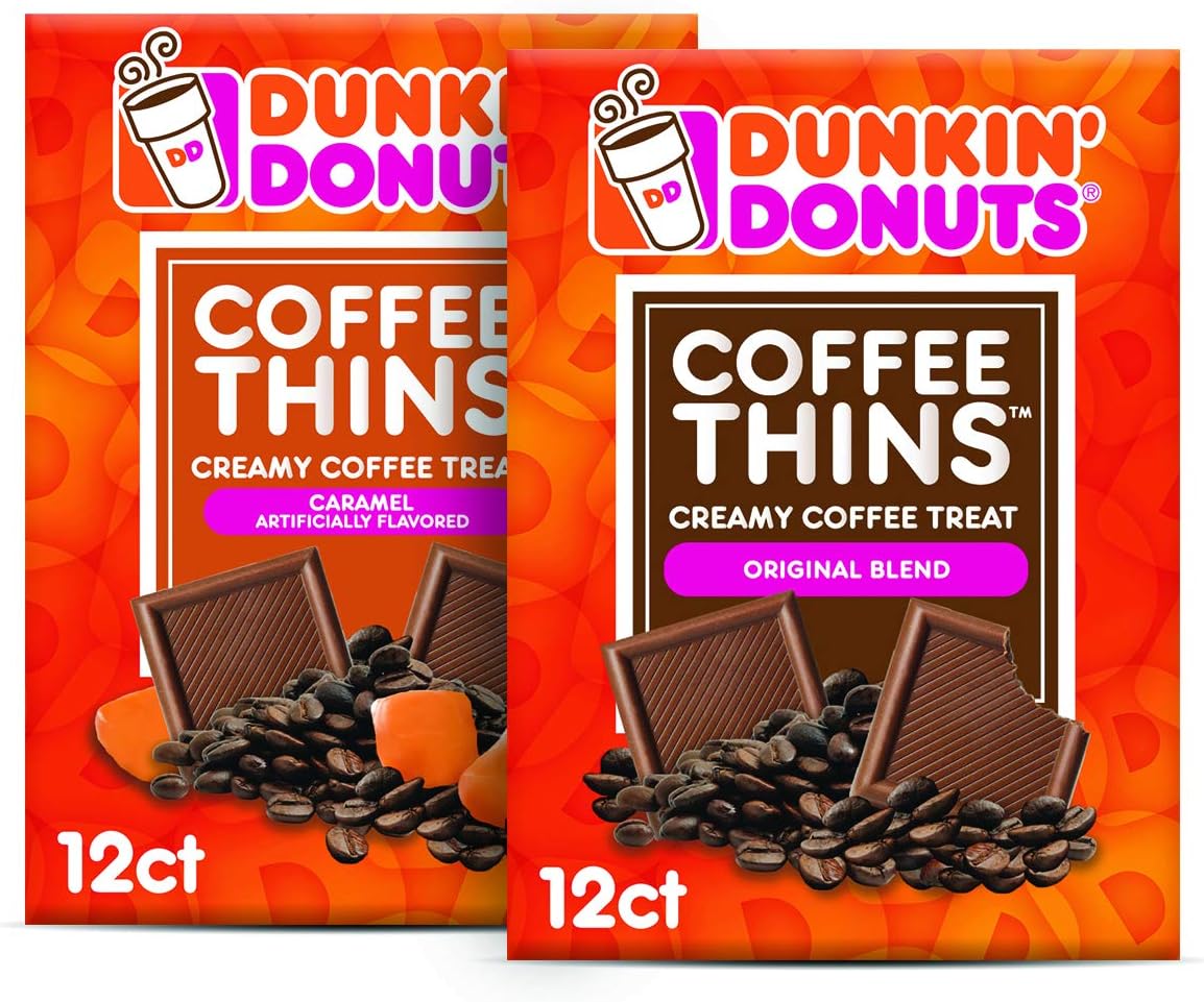 Dunkin’ Donuts Coffee Thins – Original & Caramel Variety Pack – 24 Creamy Coffee Treats (2 Bags)