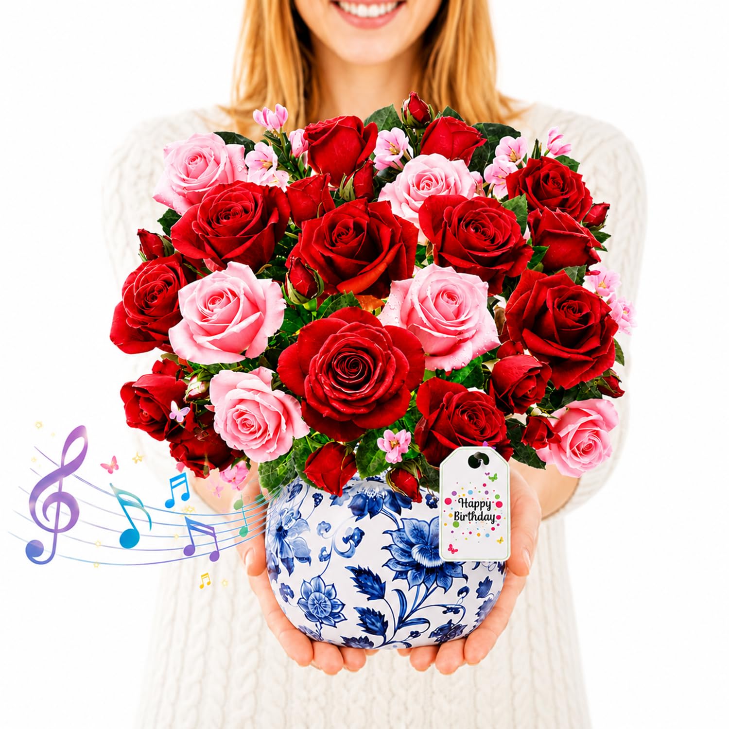 CUISH Pop Up Card with Birthday Music and Lights Life Sized 3D Paper Flower Bouquet – Greeting Card for Women, Mom, Wife, Daughter, Grandma – Birthday Gift with Envelope-Rose