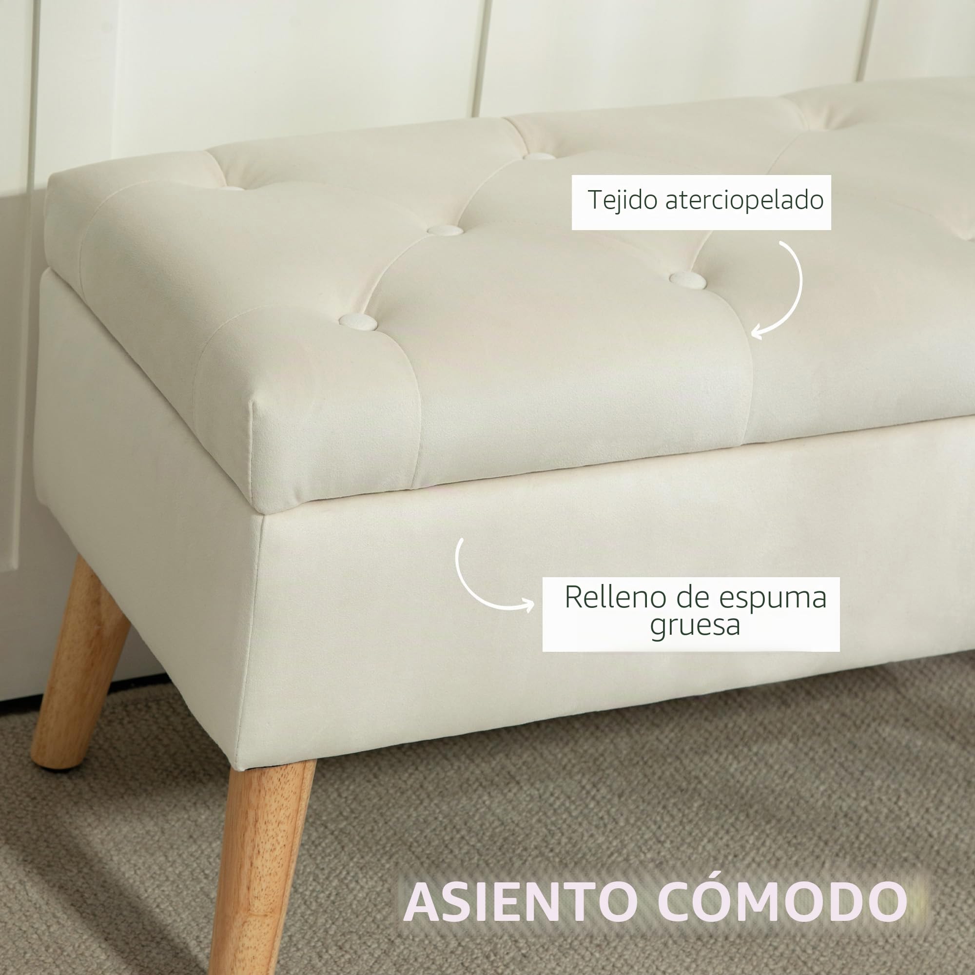 HOMCOM Banco de almacenaje, Caja de almacenaje, con Tapa, Tejido Efecto Terciopelo, Patas de Madera, Capacidad de Carga hasta 120 kg, para salón, Dormitorio, Pasillo, 80 x 35 x 40 cm, Crema