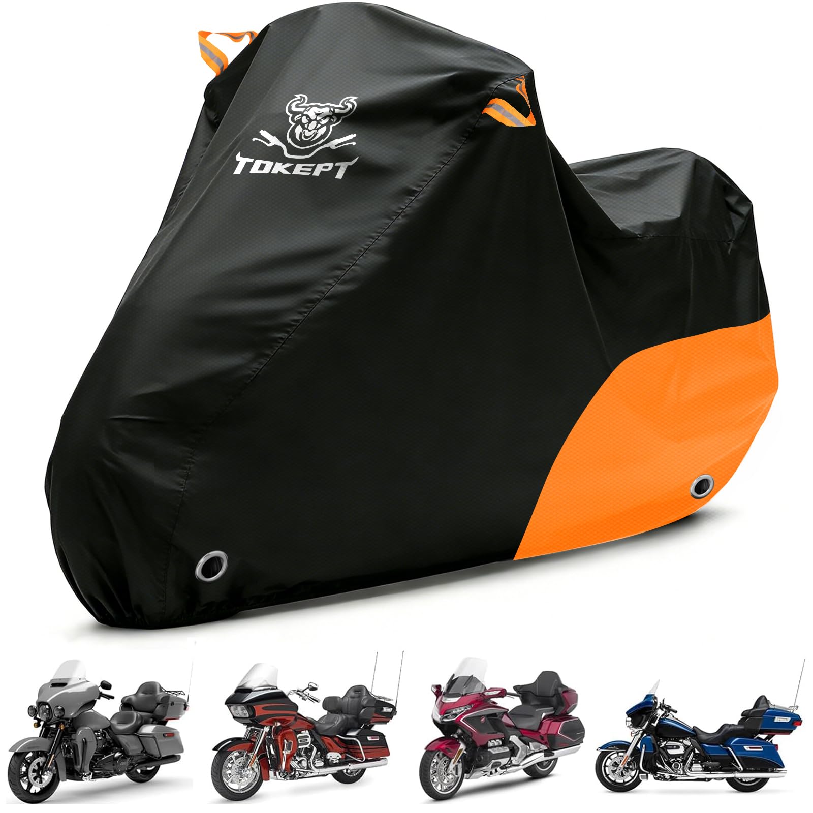 Motorcycle Cover Waterproof All Season Outdoor Protection | Fits up to 116 Inch, Compatible with Cruisers &amp; Touring Models, with Locking Holes &amp; Reflective Strips (Black&amp;Orange)