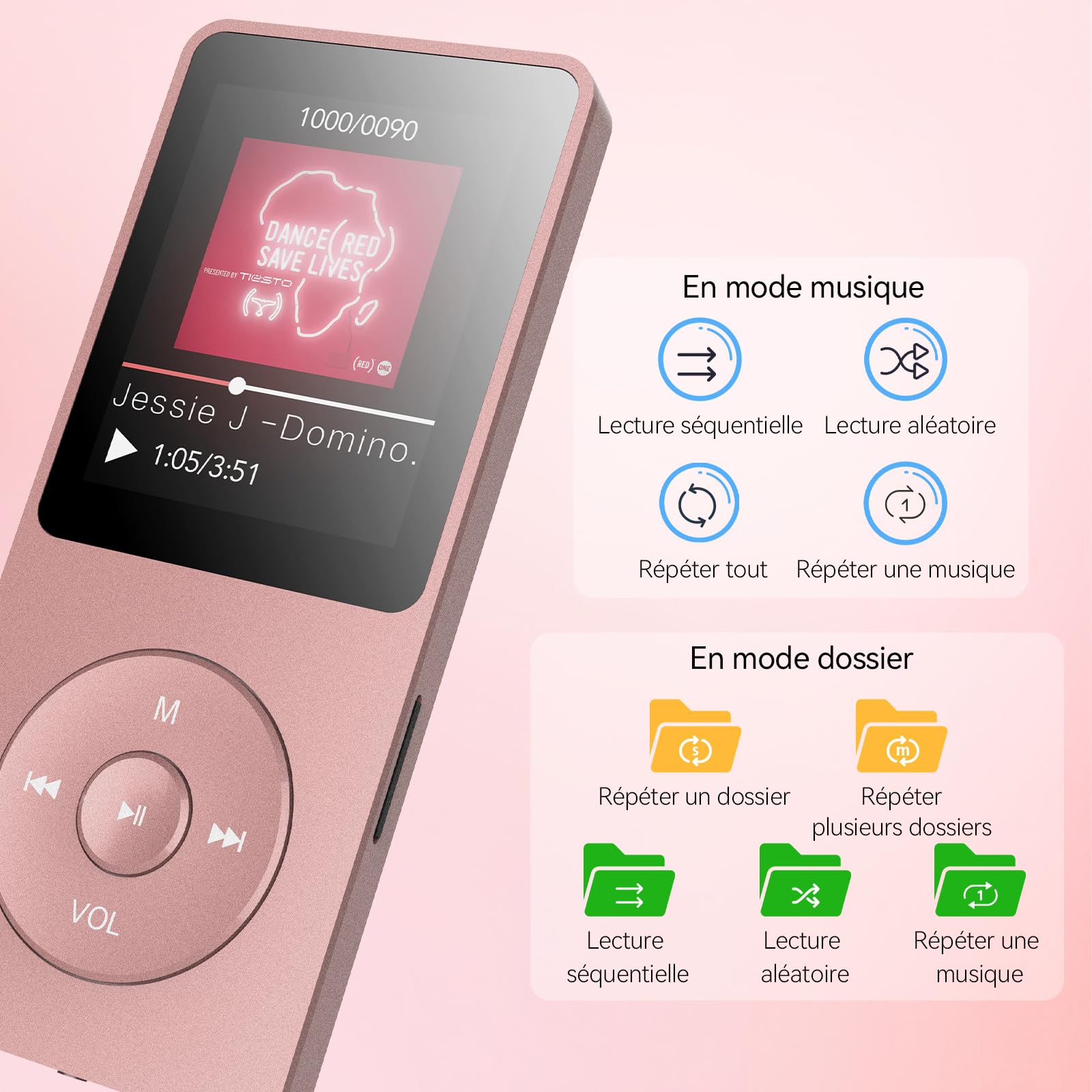 AGPTEK Lecteur MP3 Classique 64Go, Autonomie 70 Heures, Léger 30g, Hi-Fi, Baladeur Sport Enfant Adulte, Carte TF 128G - Rose