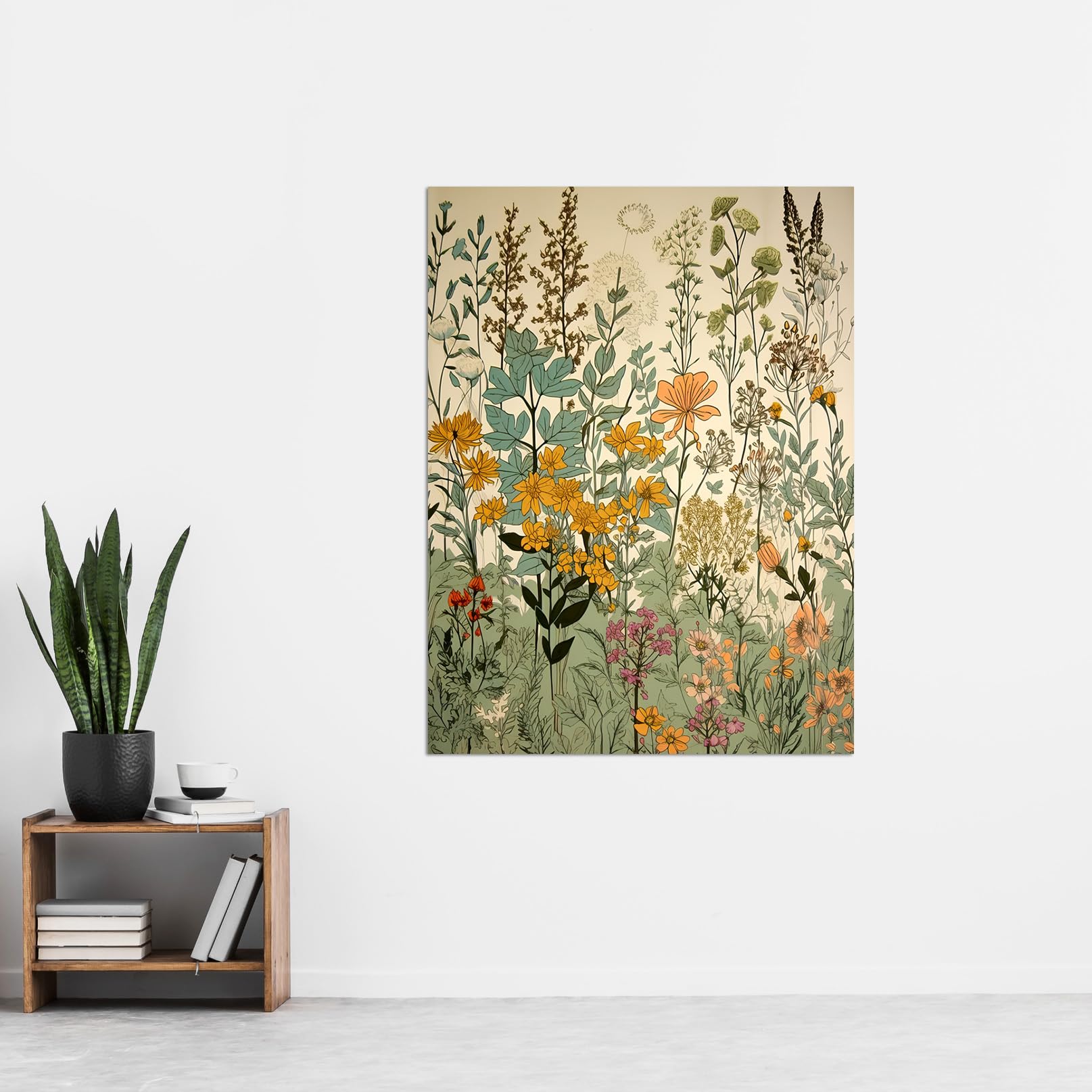 Artery8 Wildflower Vintage Botanical Painting Pastel Yellow Green Teal Pink Spring Field Extra Large XL Wall Art Poster Print - Image 2