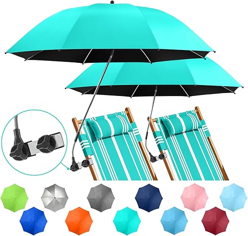 Miniatura 10 de Paquete de 2 paraguas de playa con abrazadera, paraguas ajustable de 360° para silla, paraguas UPF50+ para silla de playa, silla de patio, silla de
