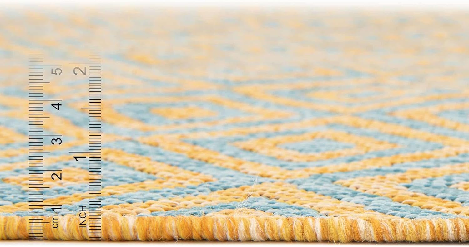 Rugs.com Jill Zarin Outdoor Collection Rug – 3' 3 x 5' 3 Yellow and Aqua Flatweave Rug Perfect for Entryways, Kitchens, Breakfast Nooks, Accent Pieces