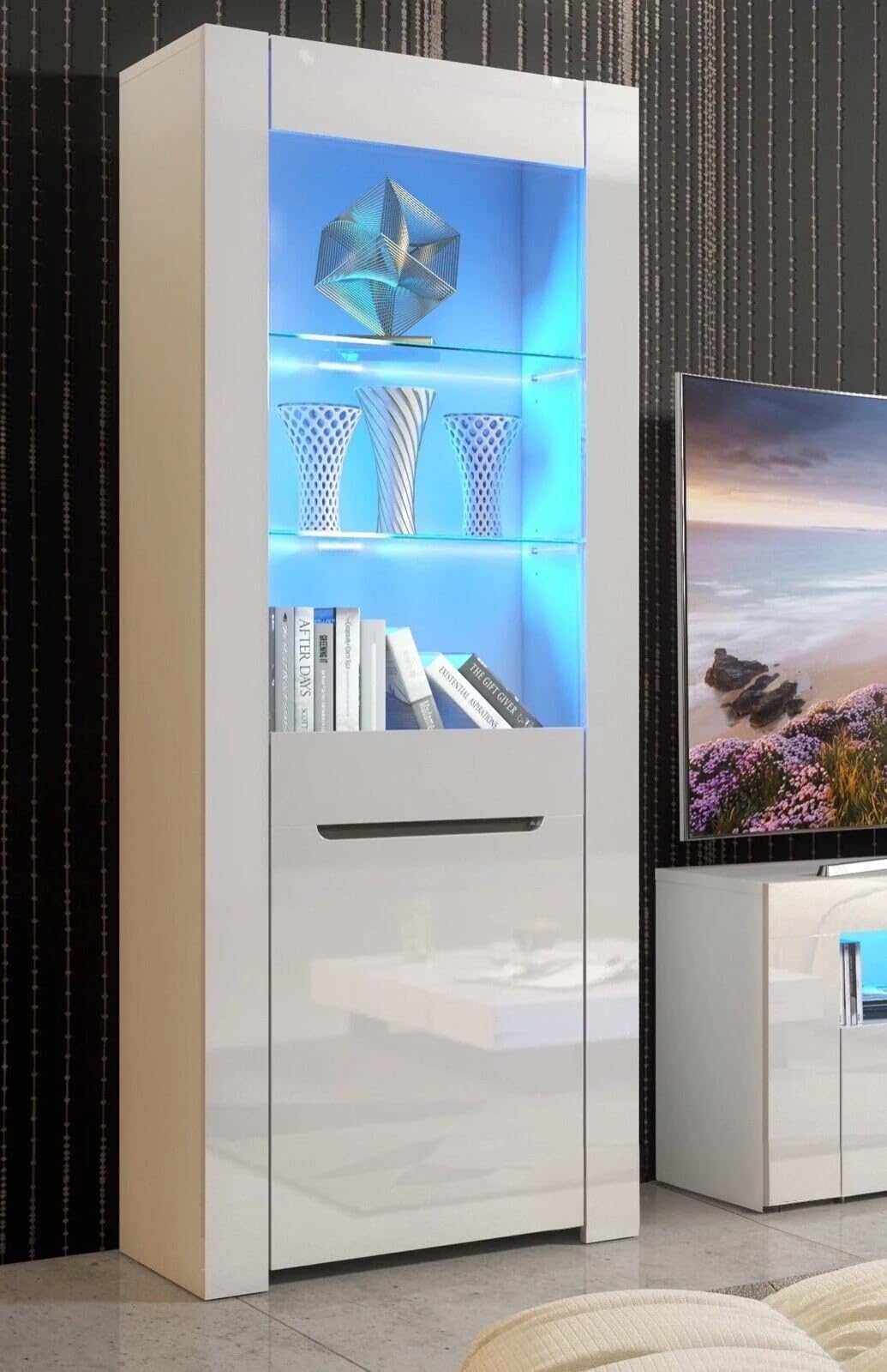 Furneo Milano 09 – White Display Cabinet, High Gloss & Matt Finish, Blue LED Lights