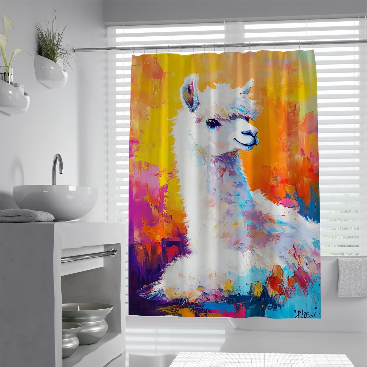 UIRINGART Llama Bathroom Curtains W180xL220cm Bright Colorful Cute Alpaca Yellow Pink Art Background Waterproof Quick Dry Easy Clean Fabric Shower Curtain for Motorhome with Hooks