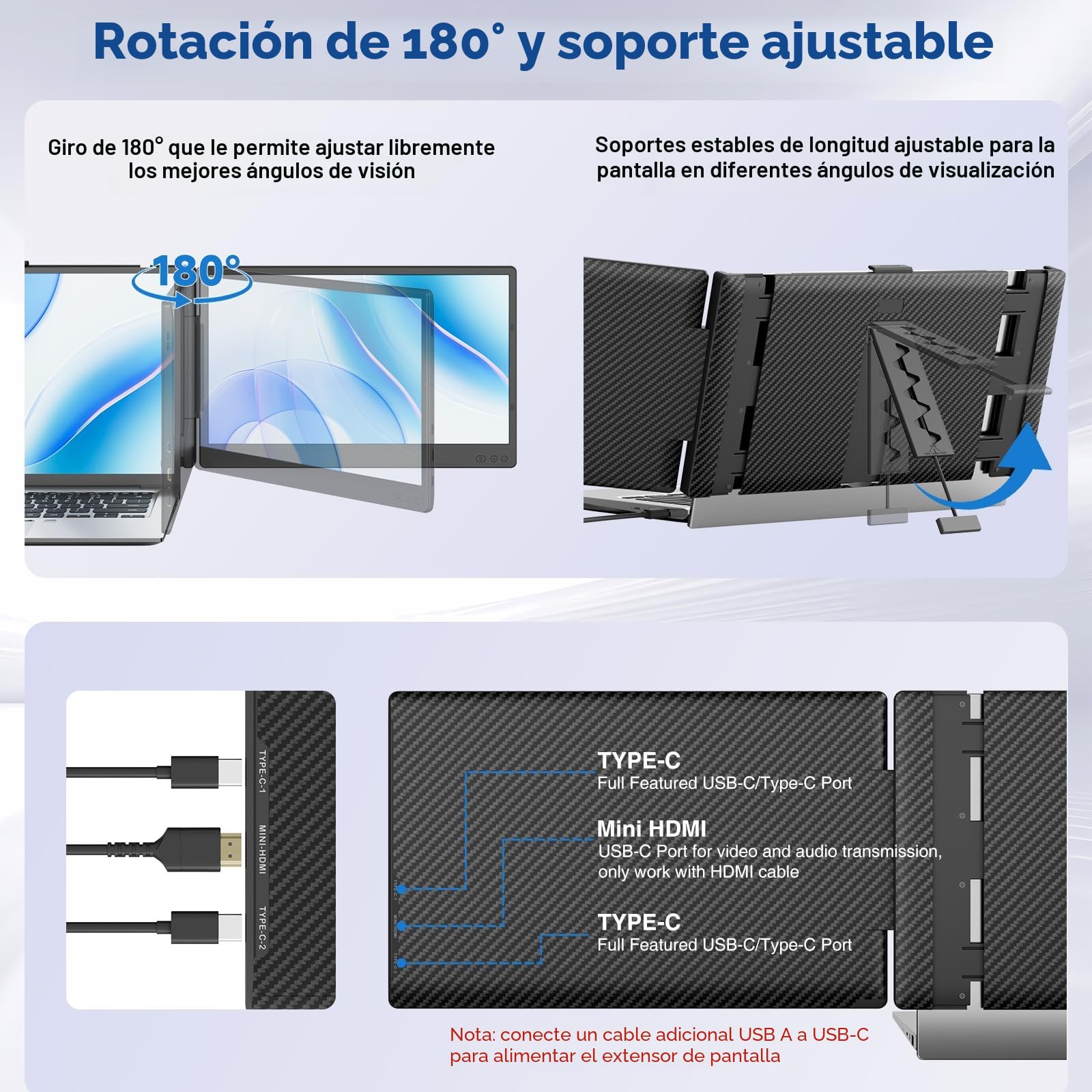 Monitor Portatil - 14” FHD 1080P IPS Extensor Pantalla Portatil, Doble Pantalla para Portatil para Laptops 13-17.3", Plug & Play para Windows/Mac/Android/Switch/PS5 con Puerto USB C/HDMI