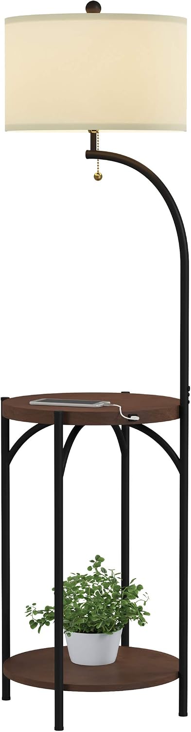Lavish Home Floor Lamp with Table - Modern Rustic Side Table with USB Charging Port, LED Bulb, and Drum-Shaped Shade - Standing Light with Shelves 16 in x 16 in x 58 in