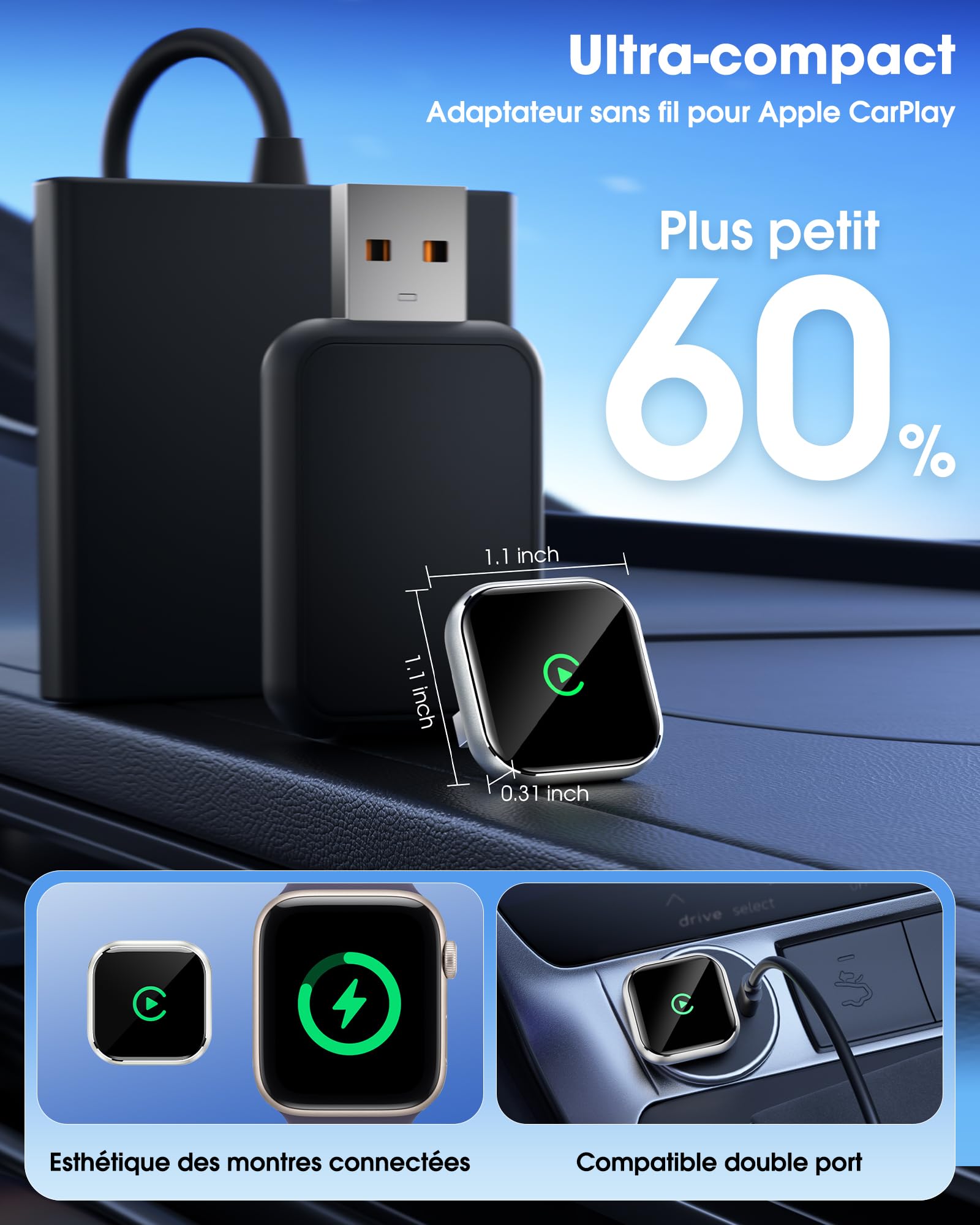 Boîtier CarPlay sans Fil pour GPS Portable pour Voiture – pour écran monté sur Tableau de Bord, convertit CarPlay Filaire en sans Fil, Compatible système d’Origine (2016+) Uniquement pour iPhone