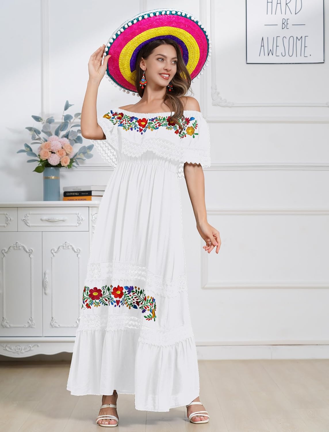 Women Mexican Dress Off Shoulder Floral Embroidered Long Maxi Dress Summer Beach Party Cinco de Mayo Dresses - Image 3