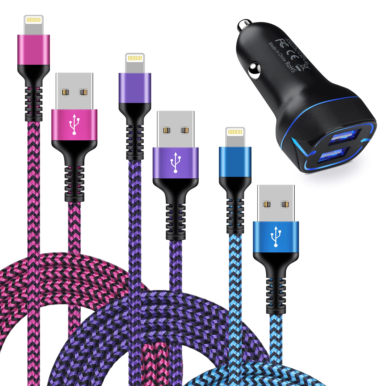 iPhone Car Charger, Dual USB Car Charger with Lightning Cables, 2Port USB Lighter Adapter Cargador Carro Fast Charging Long Braided Cords Wire for iPhone 14 13 12 Pro Max/SE/11 Pro/XS/XR/8 Plus/7/6s