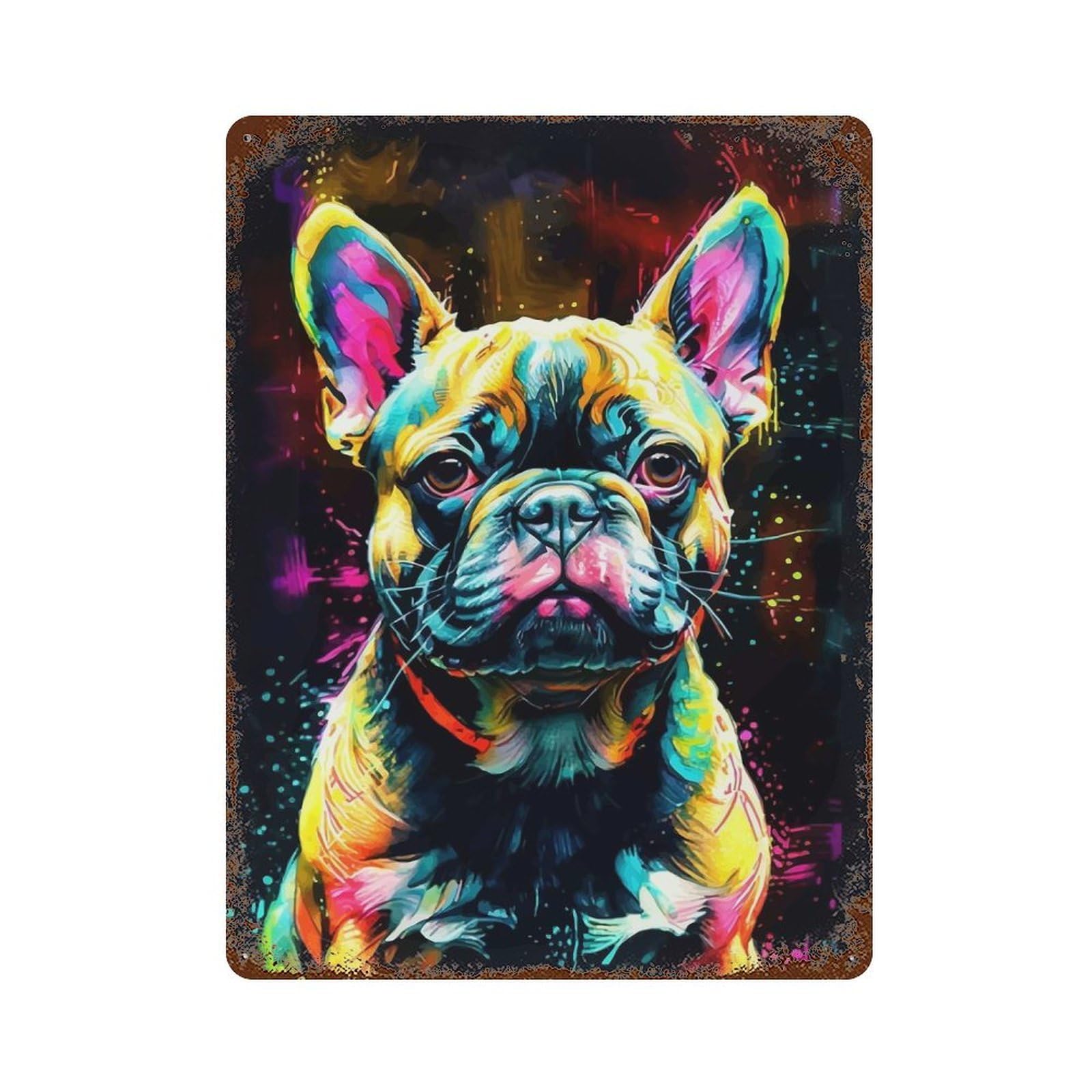 French Bulldog Pop Art Aged Metal Wall Plaque 15.7"x11.8", Old School Wall Decor for Garage, Bar And Workshop Decor