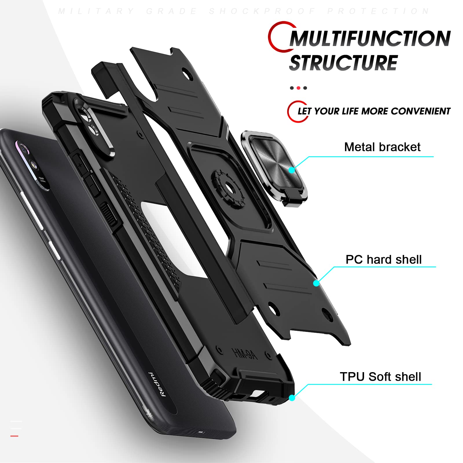 Custodia TANYO Per Xiaomi Redmi 9A/9AT – Ibrida TPU/PC Con Anello Porta E Supporto Magnetico, Nero - 2
