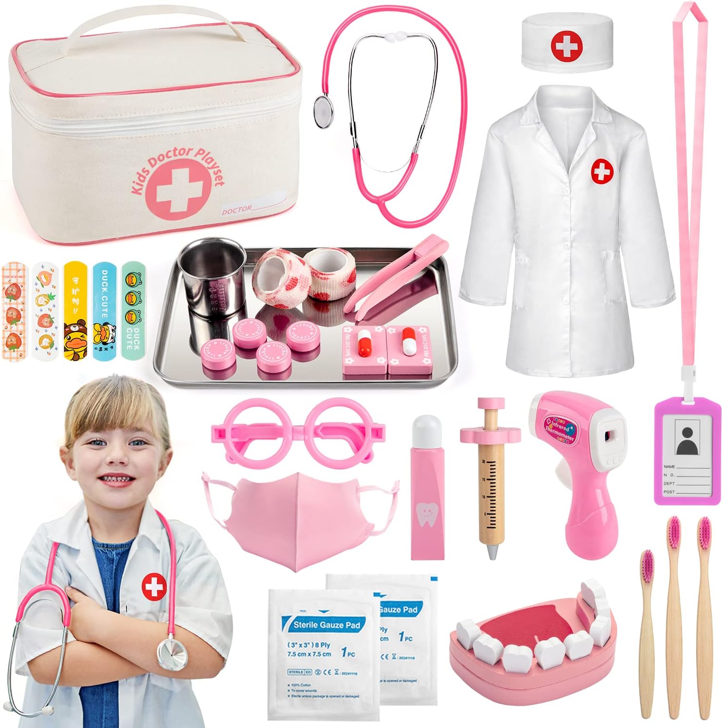 Doctor Kit for Kids, 32 Pieces Toy Medical Kit with Stethoscope, Coat, Doctor Pretend Play Toy Set with Medical Storage Bag for Girls Toddler Ages 3+