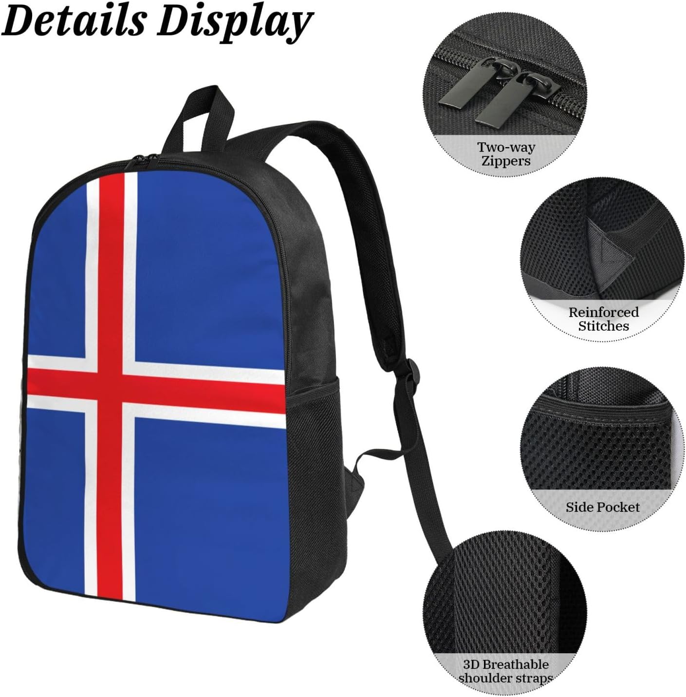 Flag of Iceland print 3 Piece Backpack Bags with Lunch Box Pencil Case Set for Travel Work Camping Unisex