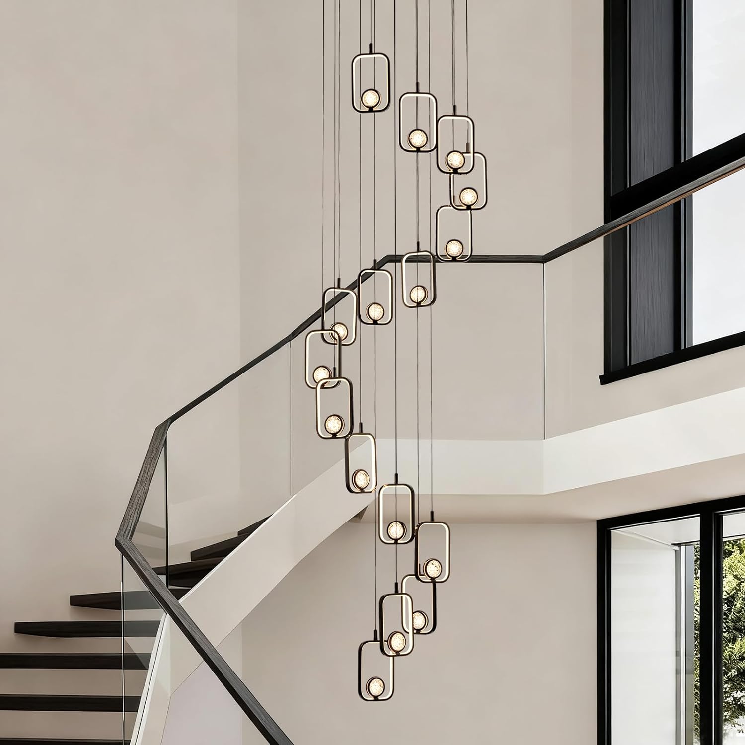 16 Lights Modern Staircase Chandelier Black Entryway High Ceiling Light Modern LED Chandelier16 Lights Black Crystal Light Fixture for Staircase Foyer Entryway Living Room