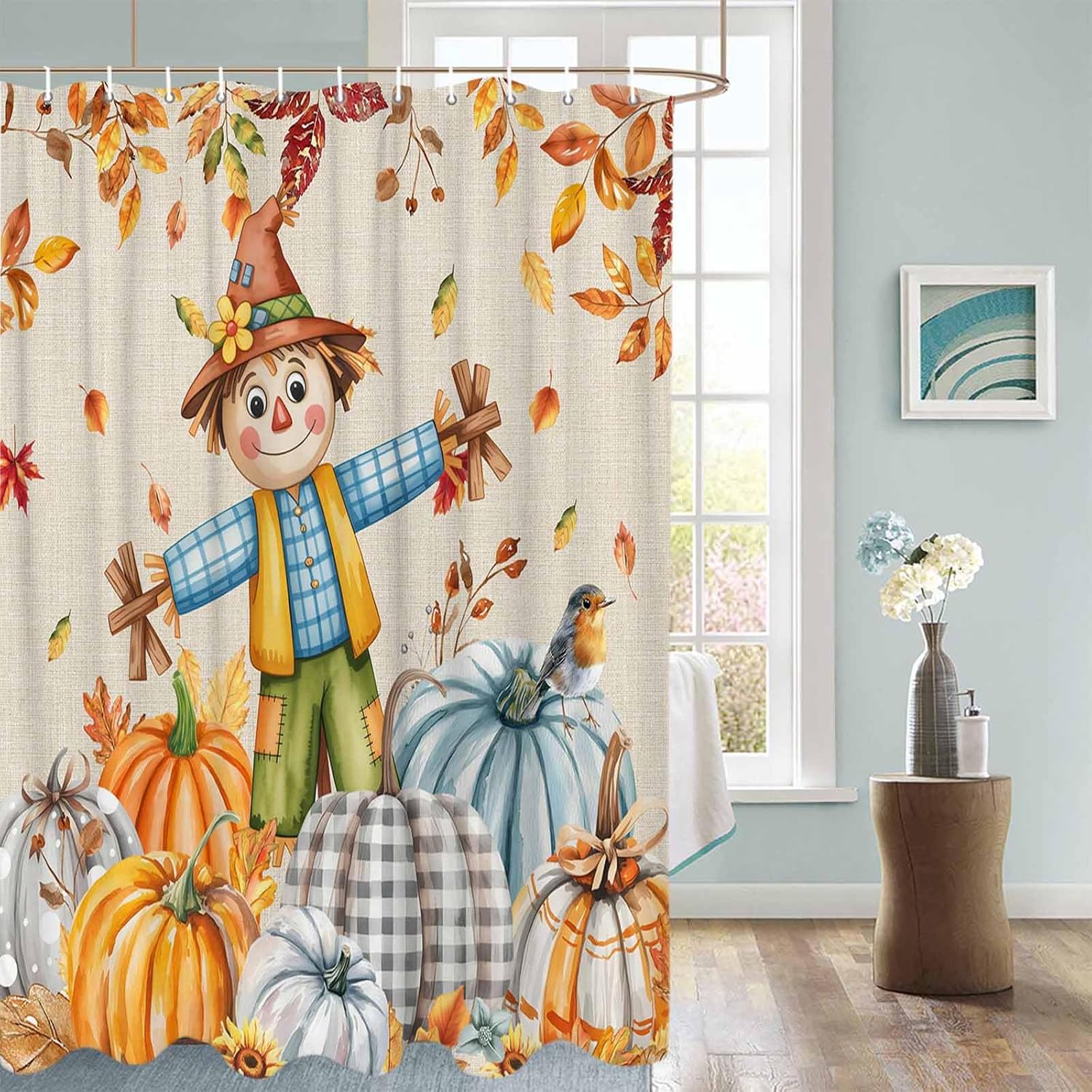 Shower Curtain Thanksgiving Autumn/Fall Pumpkin Maple Leaves Scarecrow Shower Curtains Waterproof Polyester Fabric Bath Curtains with Hooks for Farmhouse Bathroom Decor 36" Wx72 L
