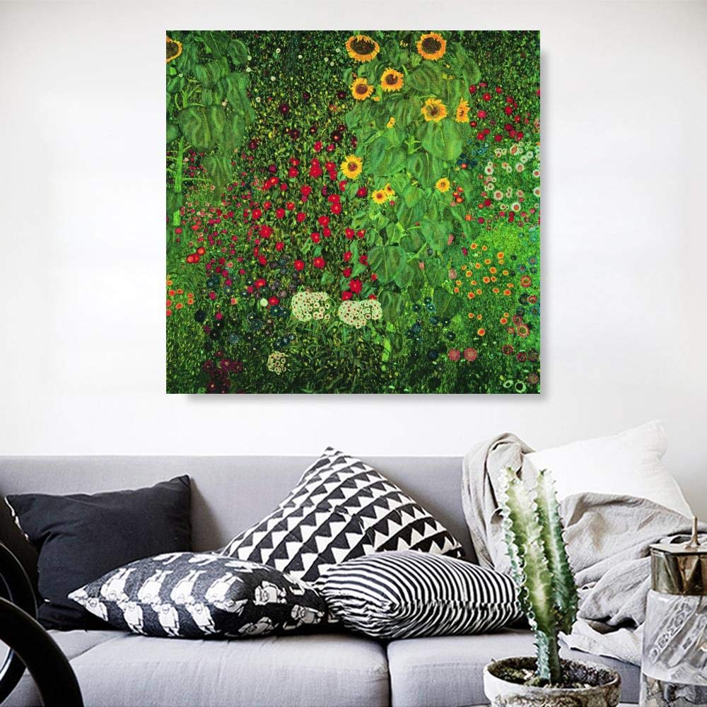 Cuadro Gustav Klimt Jardín Con Girasoles - Enmarcado, 80x60 Cm, Papel Premium 230g/m², Listo Colgar