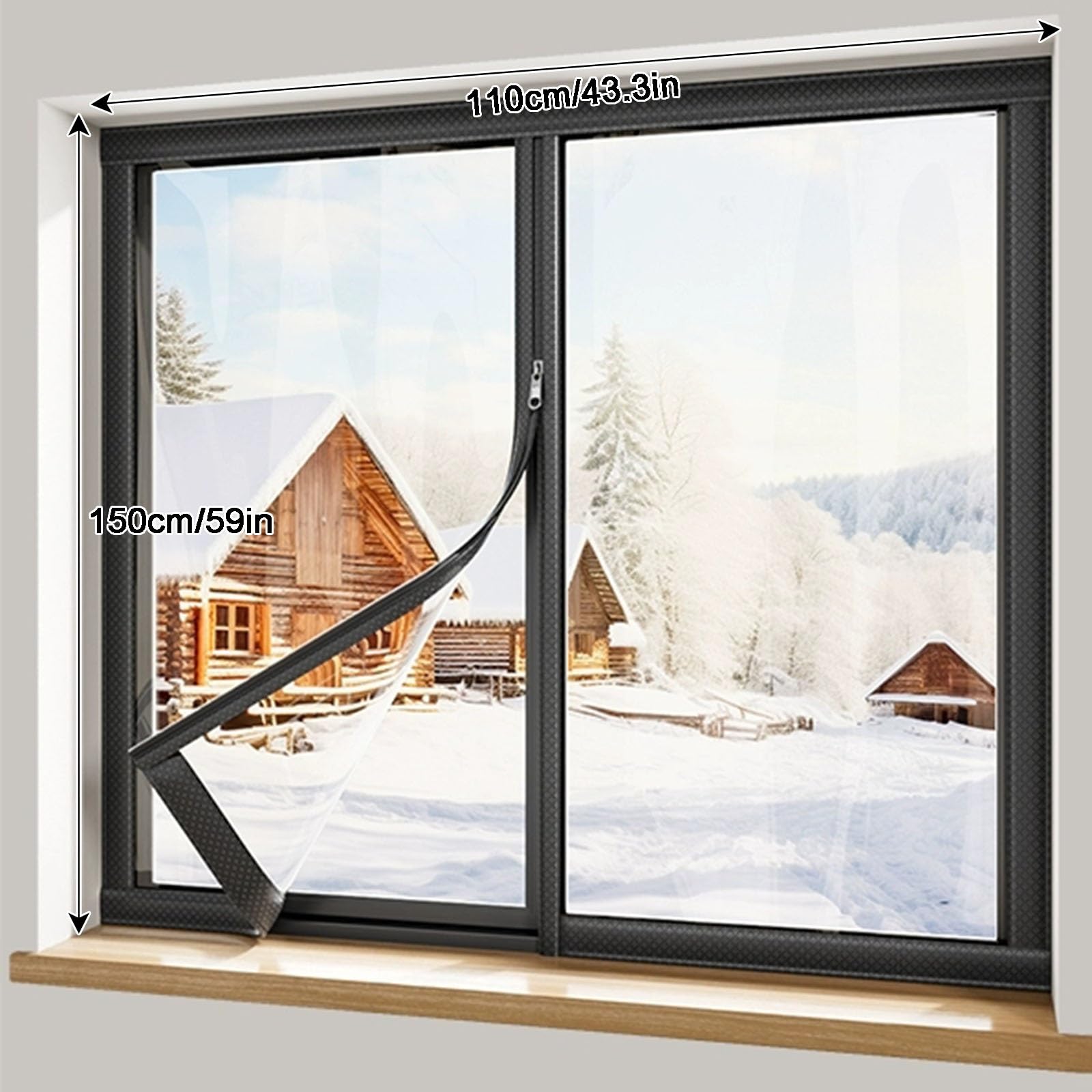 Transparente Winddichte Thermovorhang mit Reißverschluss, Winterversiegelte Selbstklebende Thermovorhänge, Robust Und Verschleißfest(Black,110cmX150cm)