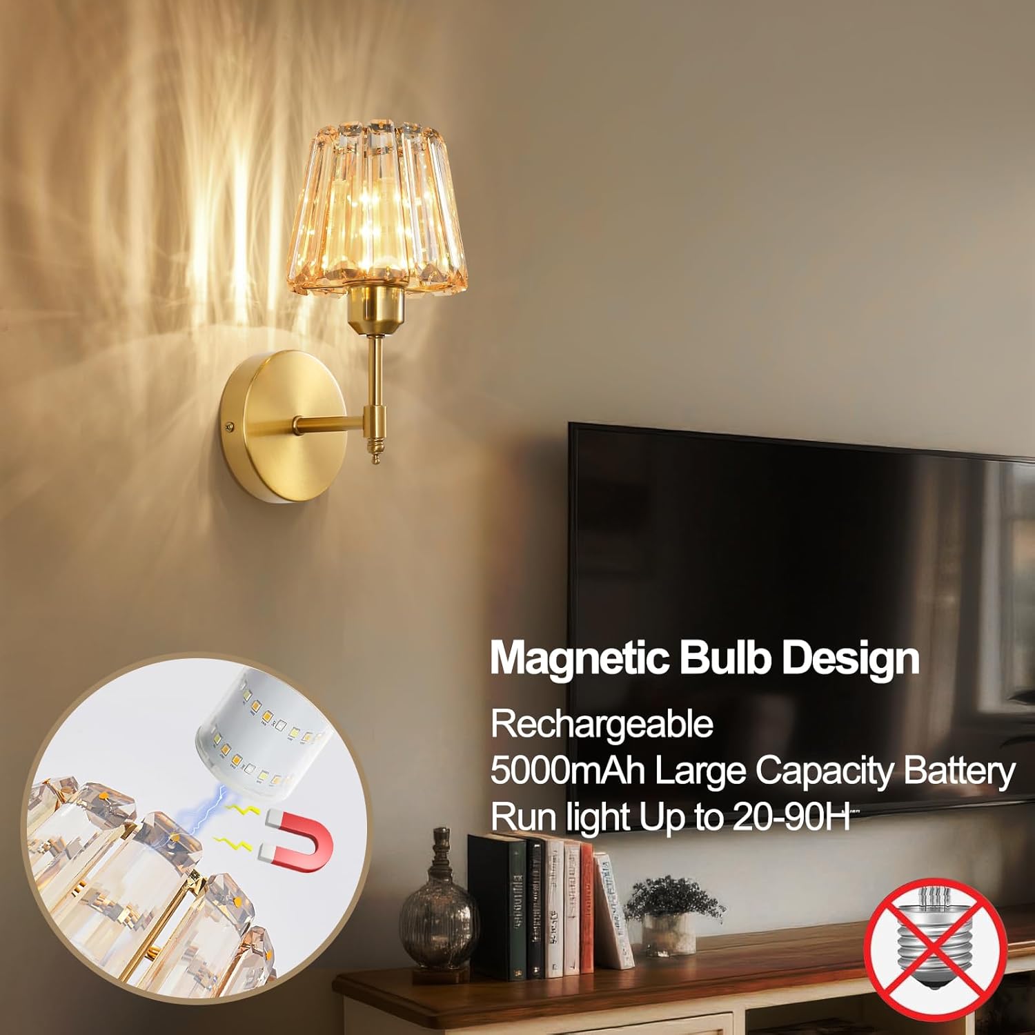 Battery Operated Crystal Wall Sconce Set of 2, Amber Rechargeable Wireless Wall Sconces with Remote Dimmable 12 Colors Modes Led Wall Lights for Bedroom Living Room Hallway, 2 Bulbs Included
