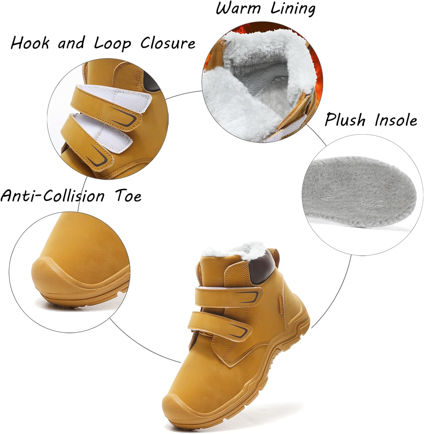 Lossarye Boys Girls Winter Warm Outdoor Hiking Boots Comfortable Fur Lined Anti-Collision Water-Resistant Non-Slip Walking Snow Boots with Hook and Loop