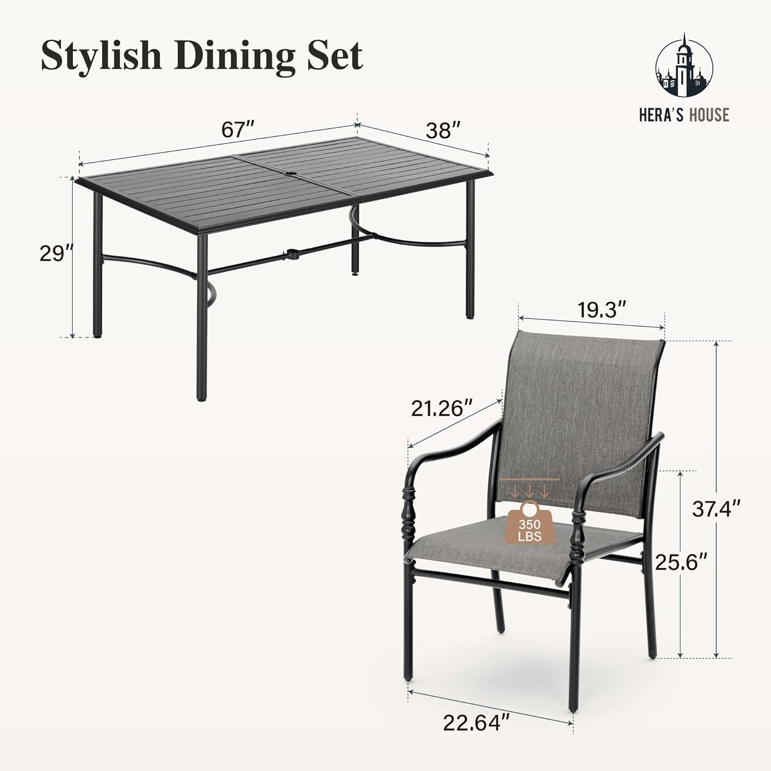 HERA'S HOUSE Patio Table and Chairs Set 7 Pieces, Outdoor Dining Sets for 6, 1 x 67 Rectangular Metal Table, 6 x Patio Dining Chairs for Backyard Garden Deck Lawn, Grey
