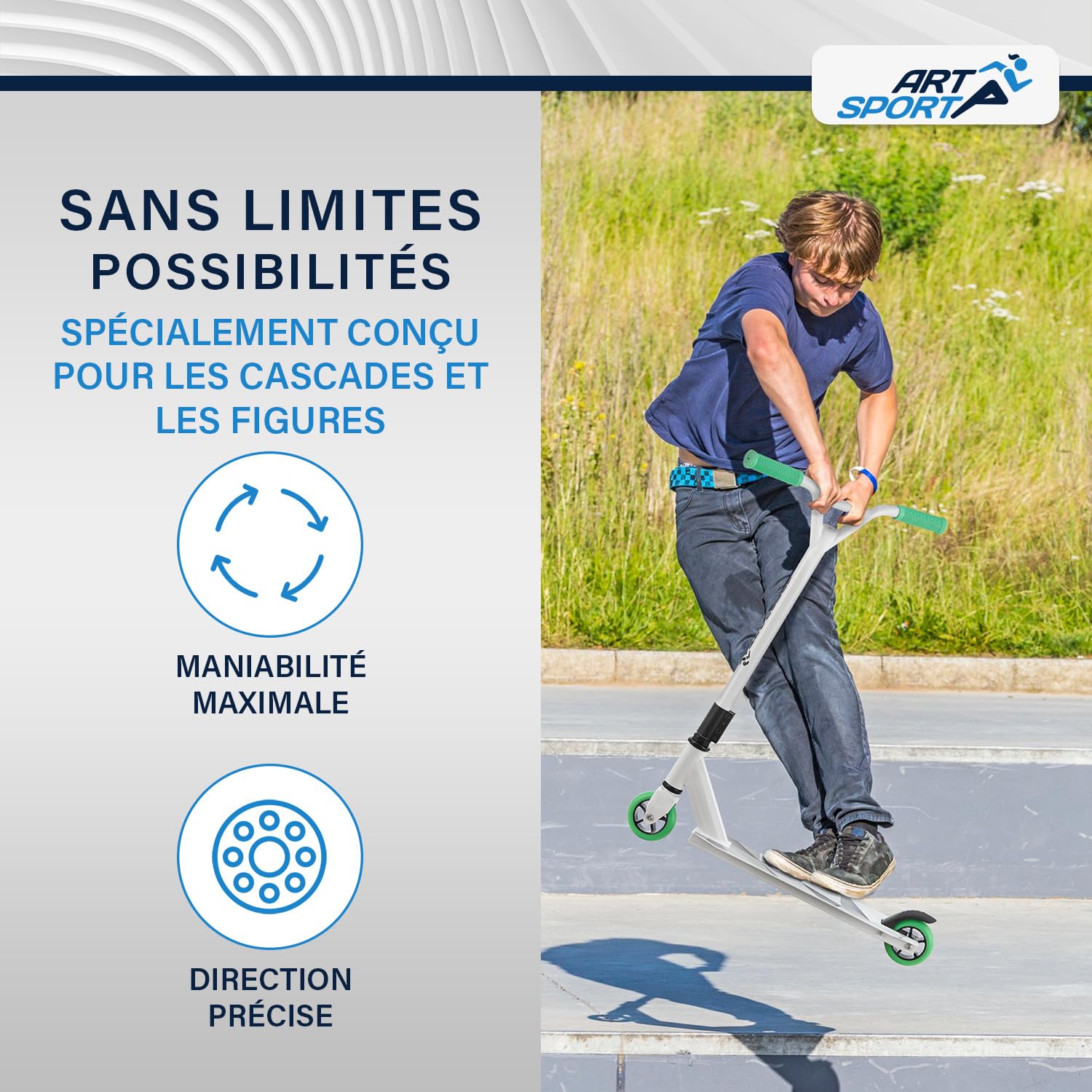 ArtSport Trottinette Freestyle avec Guidon à 360°, roulement à Billes ABEC 9, Roues en PU de 100 mm et Bande antidérapante, patinette pour Enfants, Figures et Stunt
