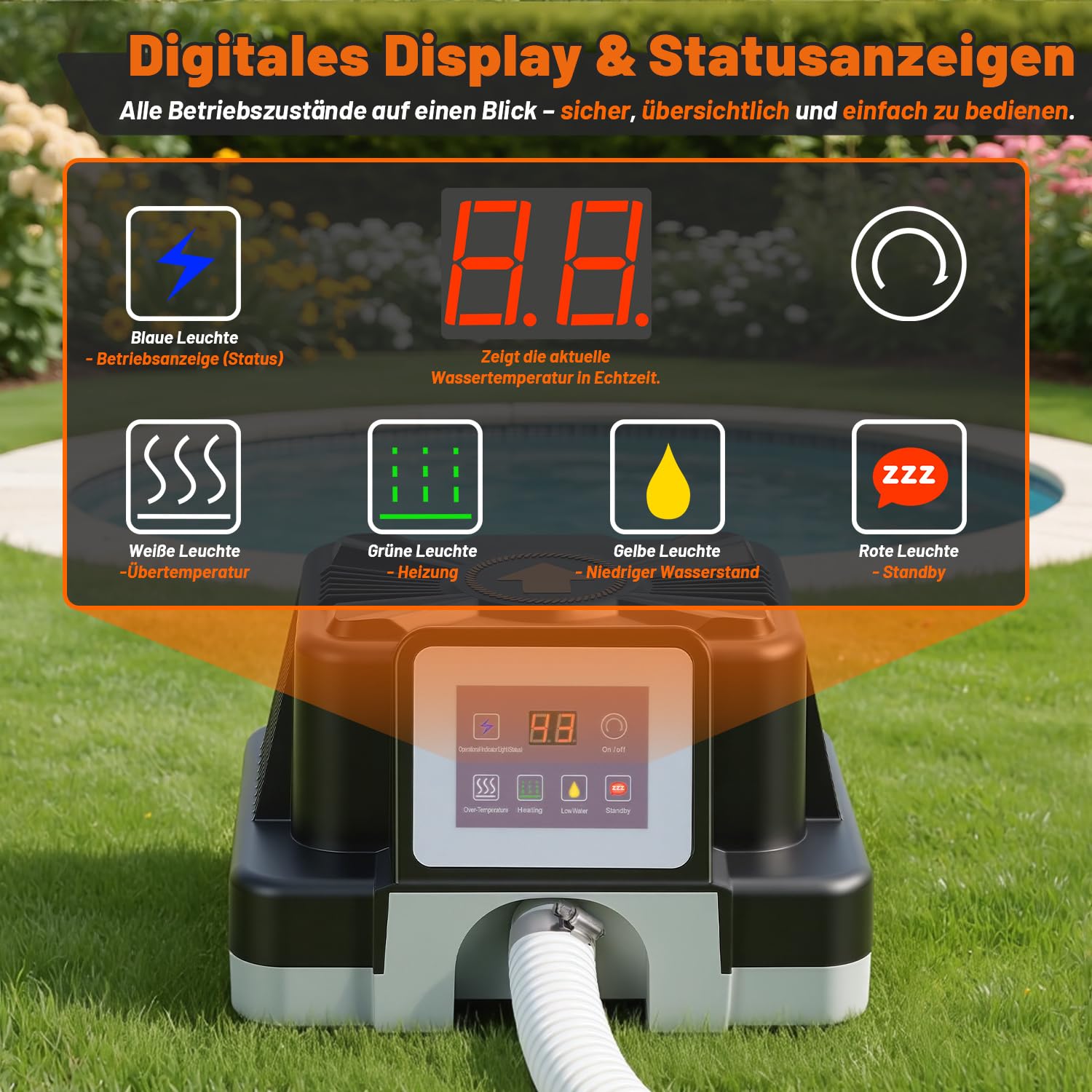 Daromigo Poolheizung Elektrisch 3000W mit Digitalanzeige, Temperaturregelung 37-45°C, Poolheizung für Aufstellpools bis 3 m³, mit FI-Schutz und Kippschutz, für 32/38 mm Schlauch