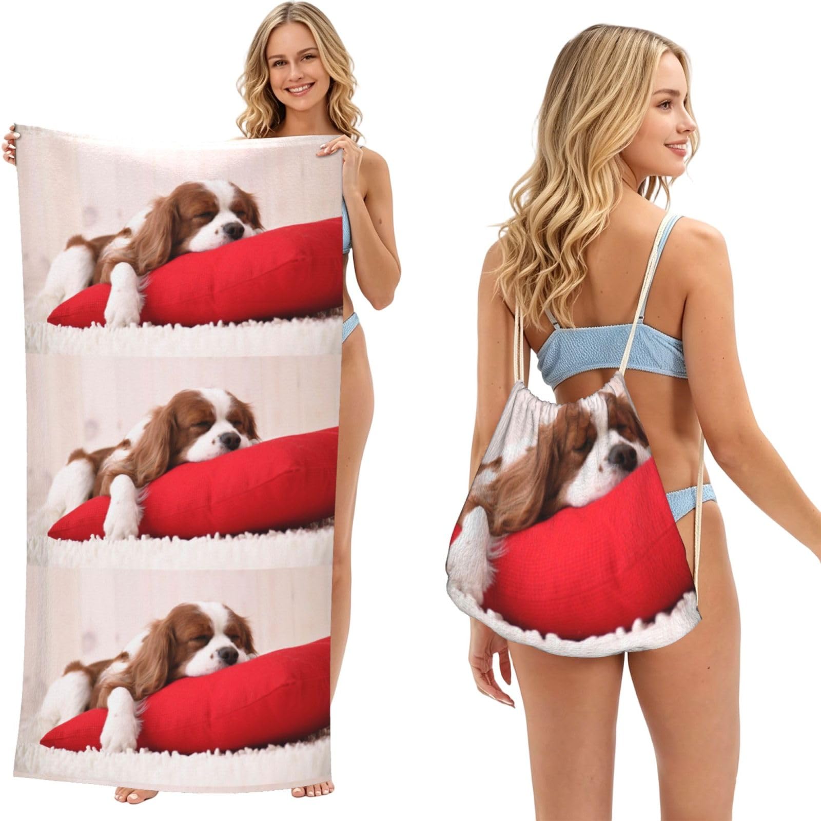 Poadnly As Picture Cavalier King Charles Spaniel Pattern, 2 In 1 Packable Towel Bag, Beach Towels With Drawstring Backpack For Travel Holiday Camping