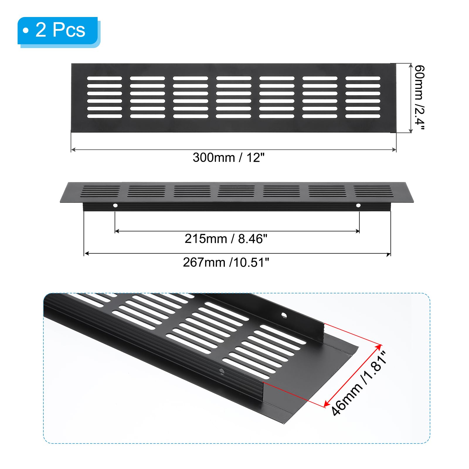 PATIKIL 12 x 2.4 Inch Door Air Vent Cover, 2pcs Aluminum Grille Ventilation Cover Louvered with Mounting Screws for Cabinet Wardrobe Door, Black - Image 2