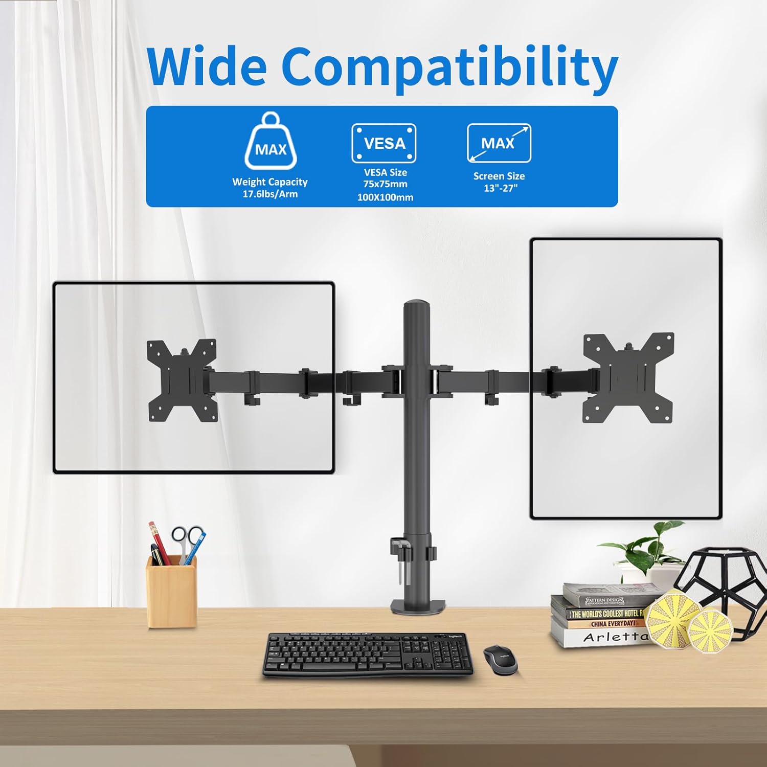 H&C(hcck&Cllassp) Dual Monitor Mount, Monitor Arm with Swivel, Tilt, Rotation, Height Adjustable, VESA Mount for 17-27” Monitors up to 17.6lbs, Desk Mount with C-Clamp, Black Dual Monitor Arm
