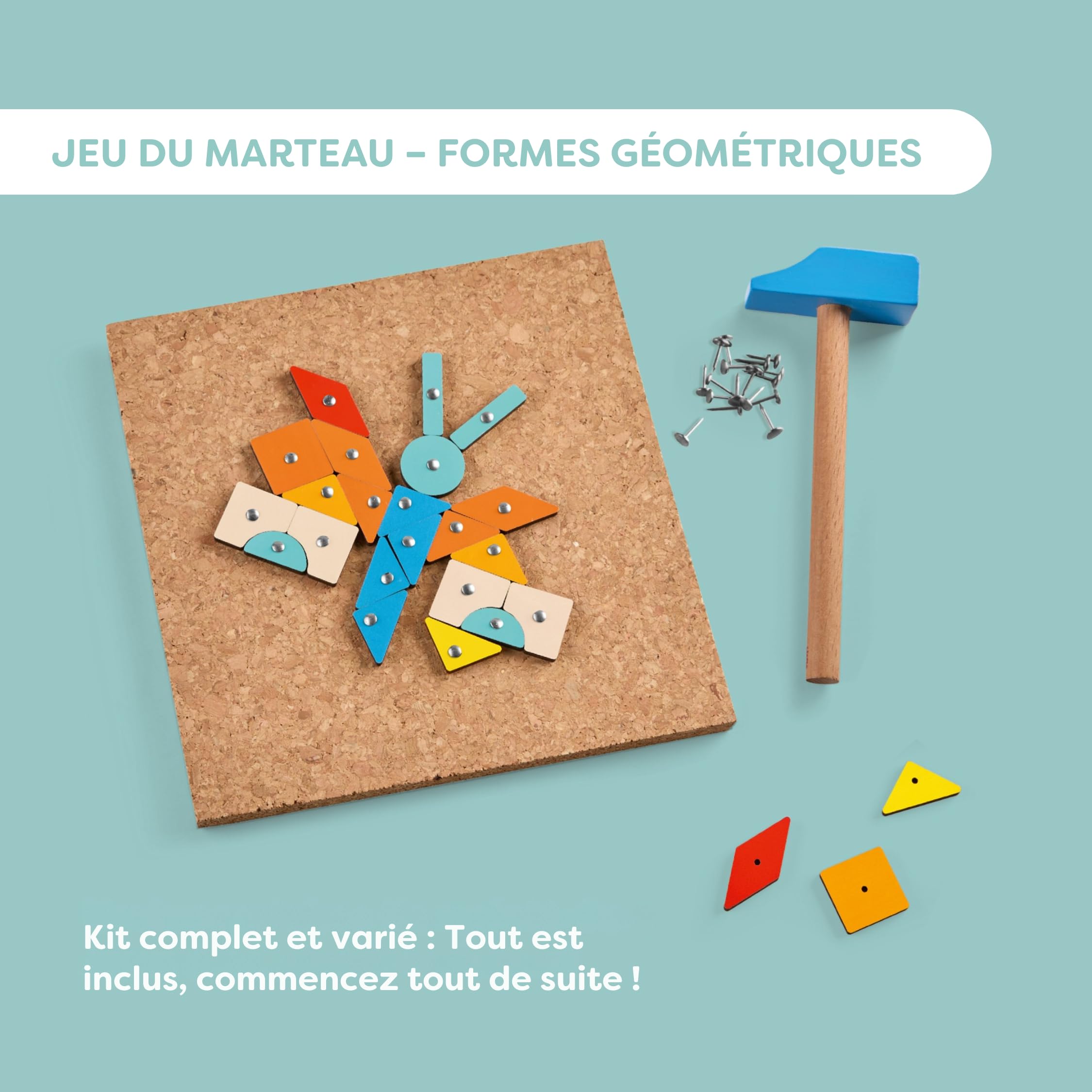 HABA Jeu du Marteau Formes géométriques : Jouet en Bois avec Marteau et Clous pour Enfants dès 3 Ans – Jouet créatif avec Plaque en liège et modèles – 2013791001