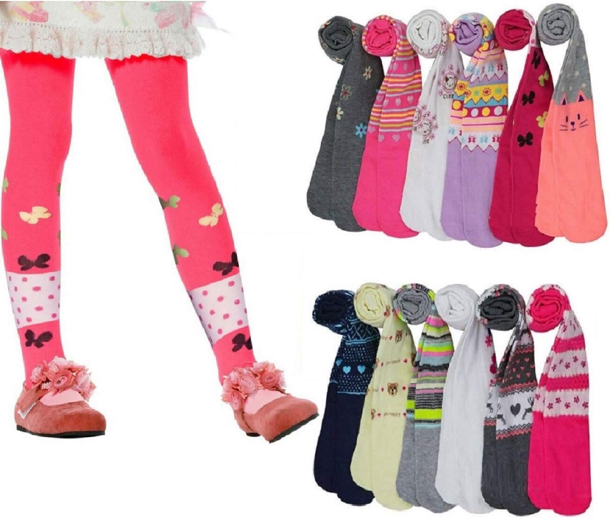 I&S 6 Pack Girl's Winter Tights Fashion Kids Stretch Comfortable Assorted Colors Prints Designs